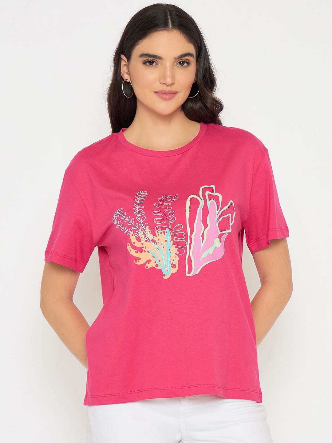 Madame Embroidered Hot Pink Cotton T-shirt Layered Sleeve