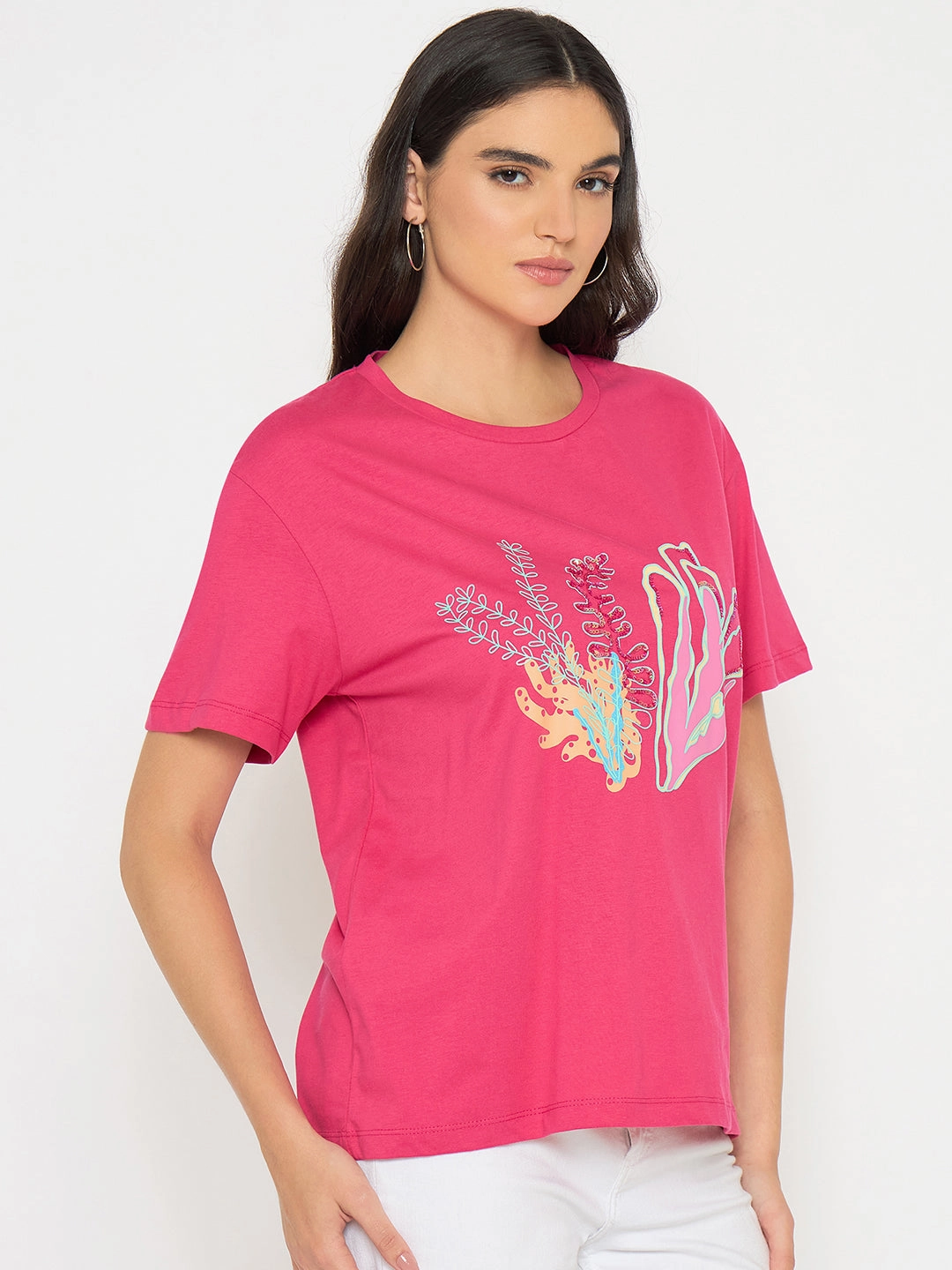 Madame Embroidered Hot Pink Cotton T-shirt LightweightConstruction HeatRegulating
