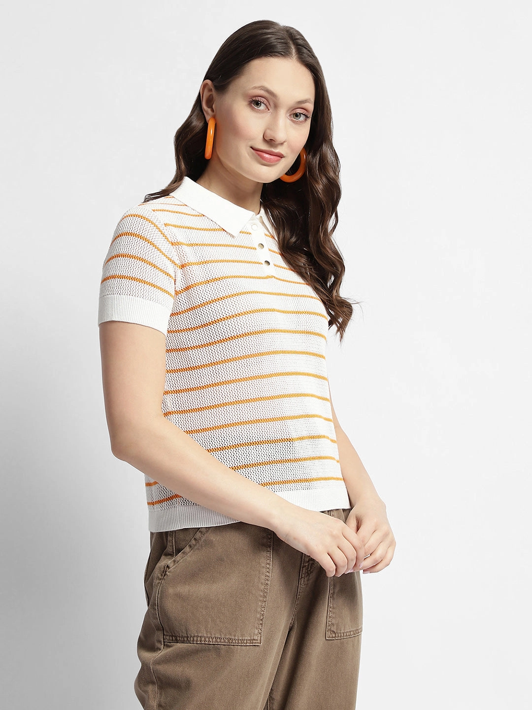 NonIrritatingSeams Madame Orange Striped Polo Neck T-Shirt