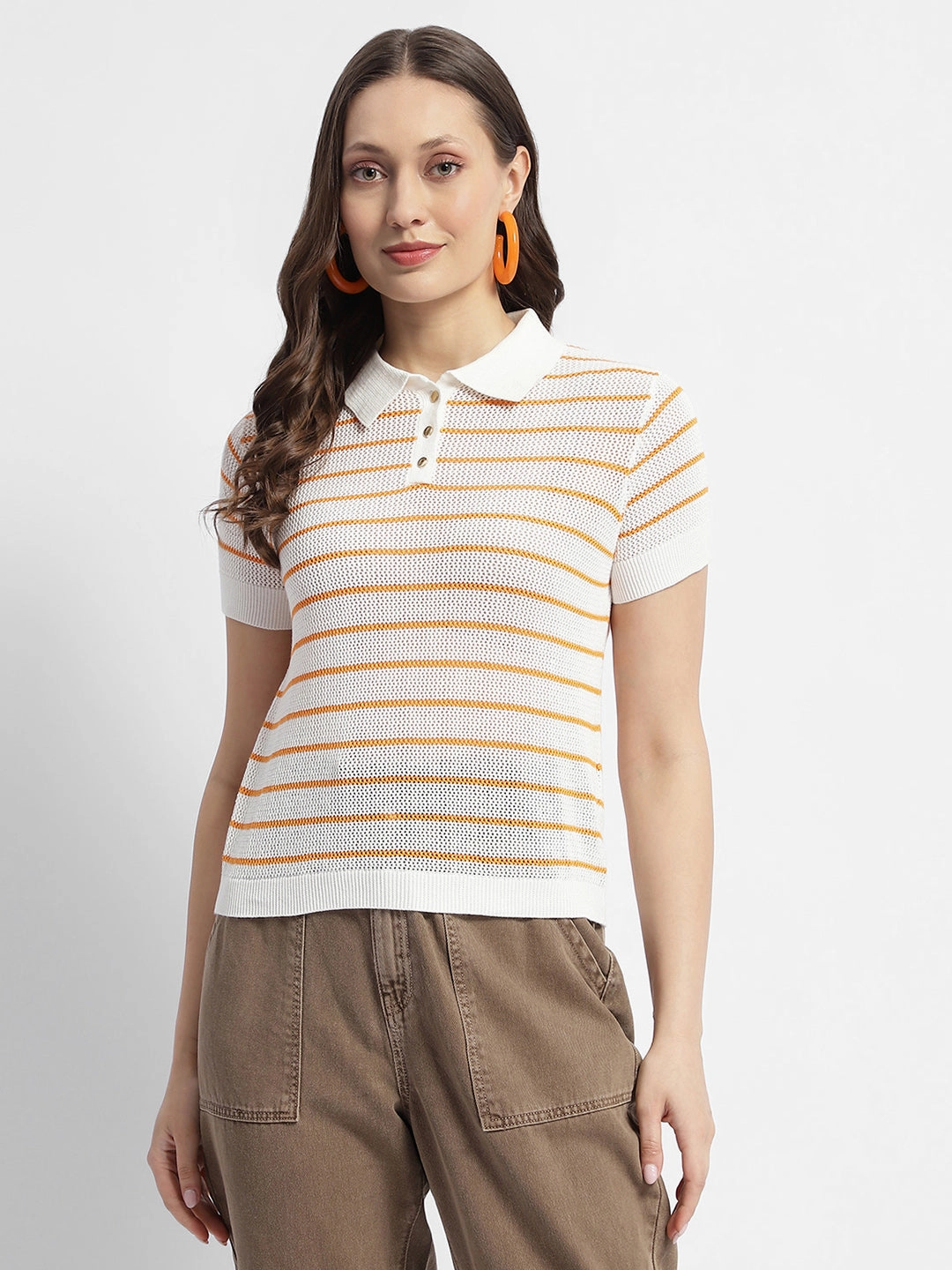 Temperature Control Fabric Madame Orange Striped Polo Neck T-Shirt