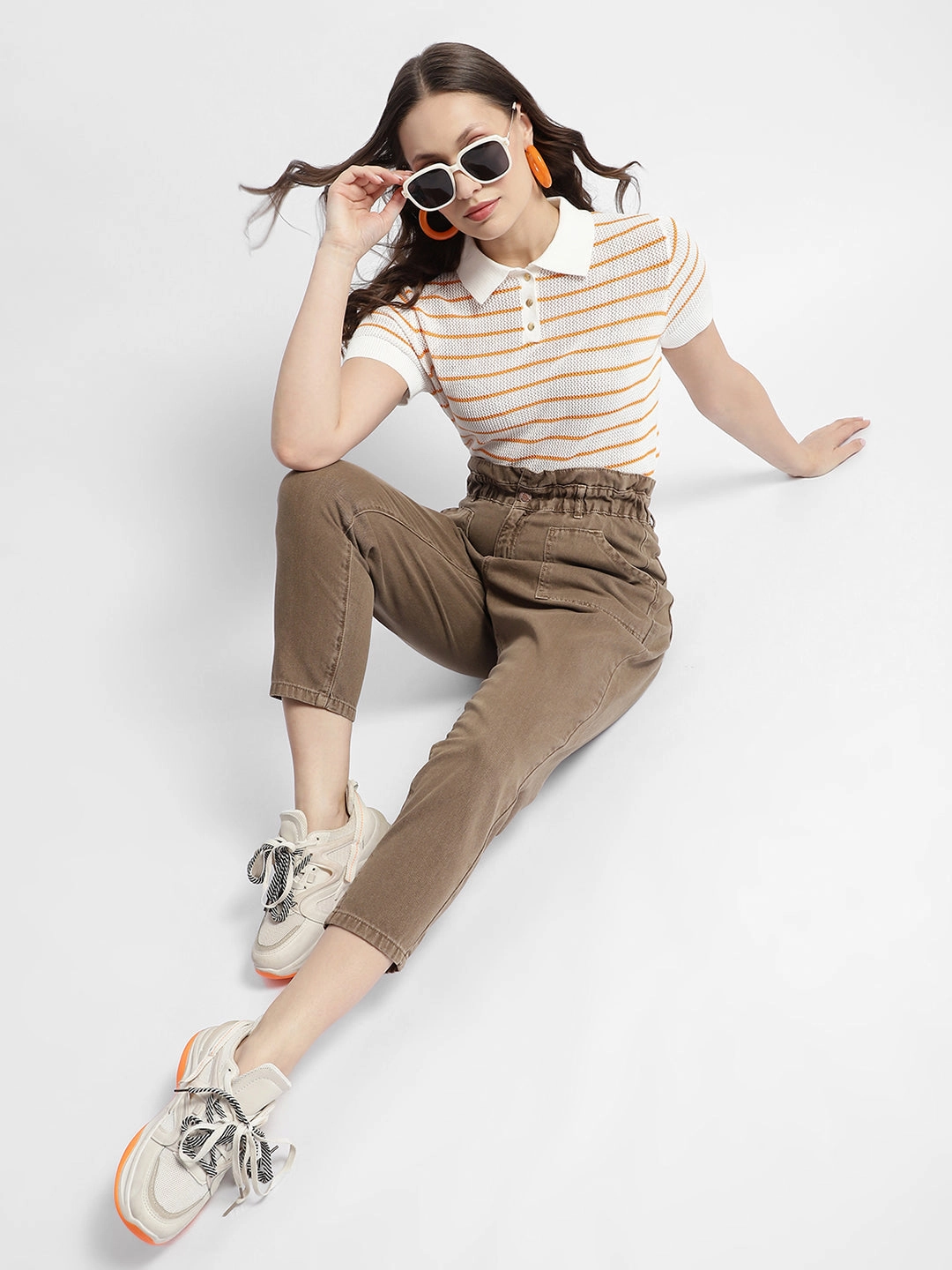 AllPurpose Design Madame Orange Striped Polo Neck T-Shirt