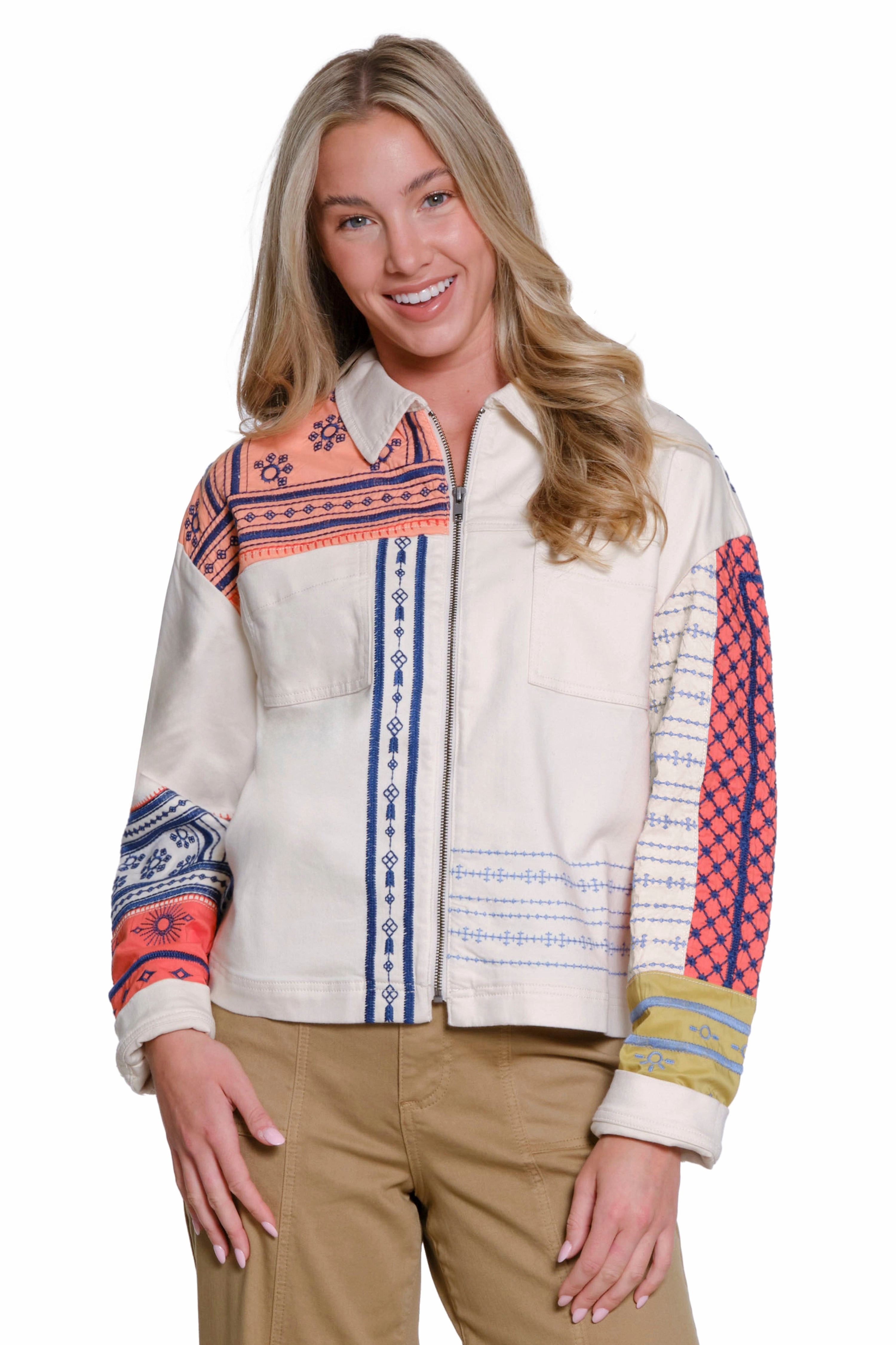 Snag Free Fabric StaticResistant Material Embroidered Shirt Jacket - Multi