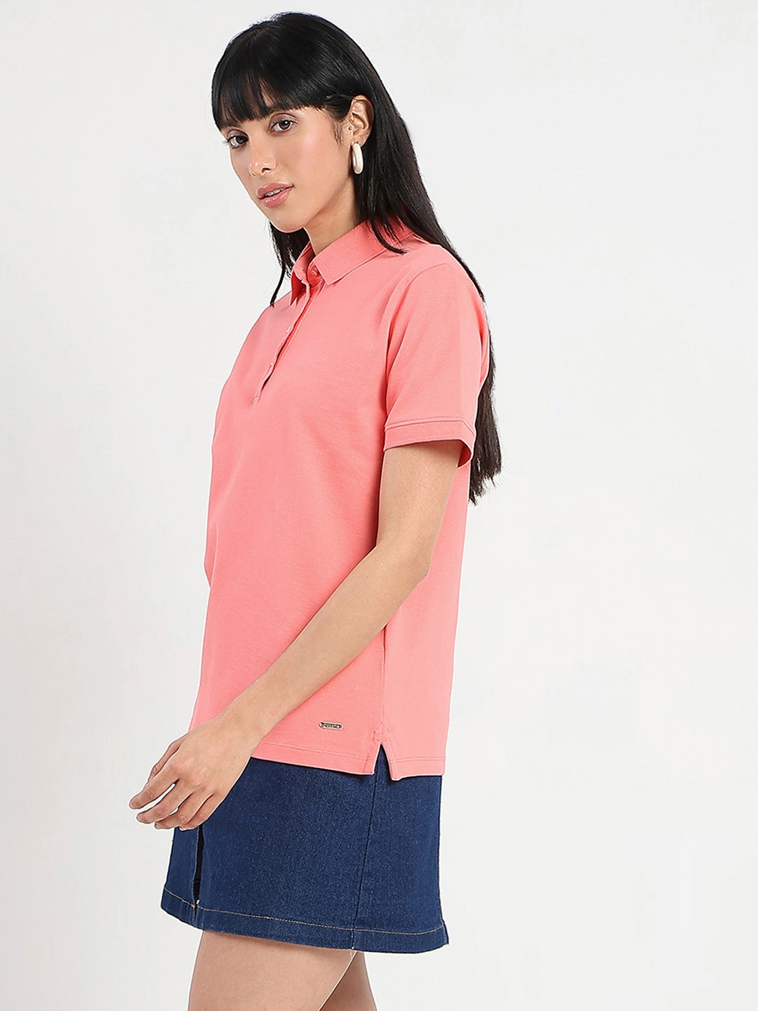 OdorResistant Madame Collared Solid Coral Cotton Blend Polo T-Shirt