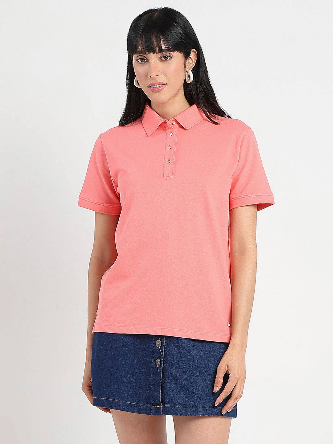 Madame Collared Solid Coral Cotton Blend Polo T-Shirt OdorResistant