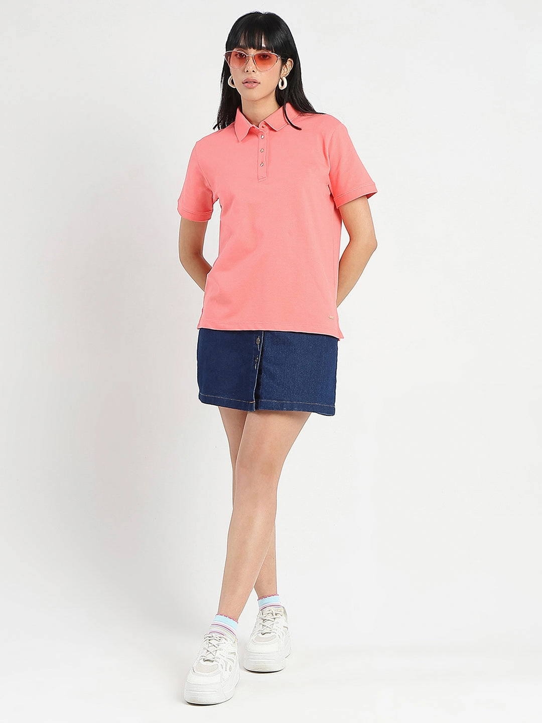 Madame Collared Solid Coral Cotton Blend Polo T-Shirt Reinforced Shoulder Panels
