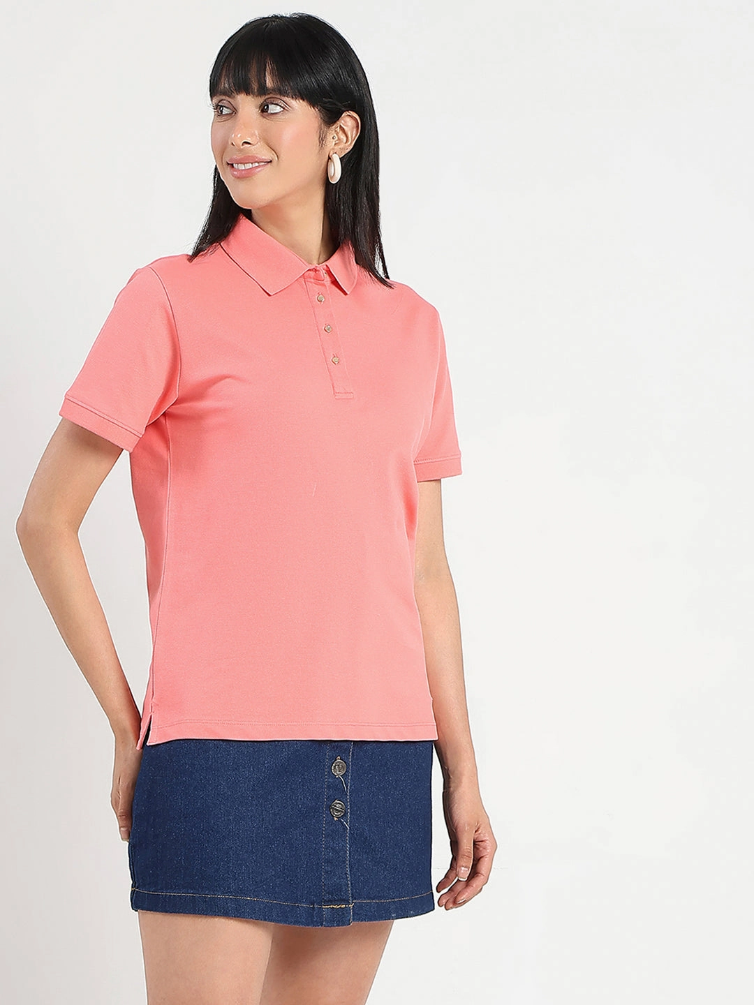 Madame Collared Solid Coral Cotton Blend Polo T-Shirt Casual Long Sleeve Thermal Regulating Fabric