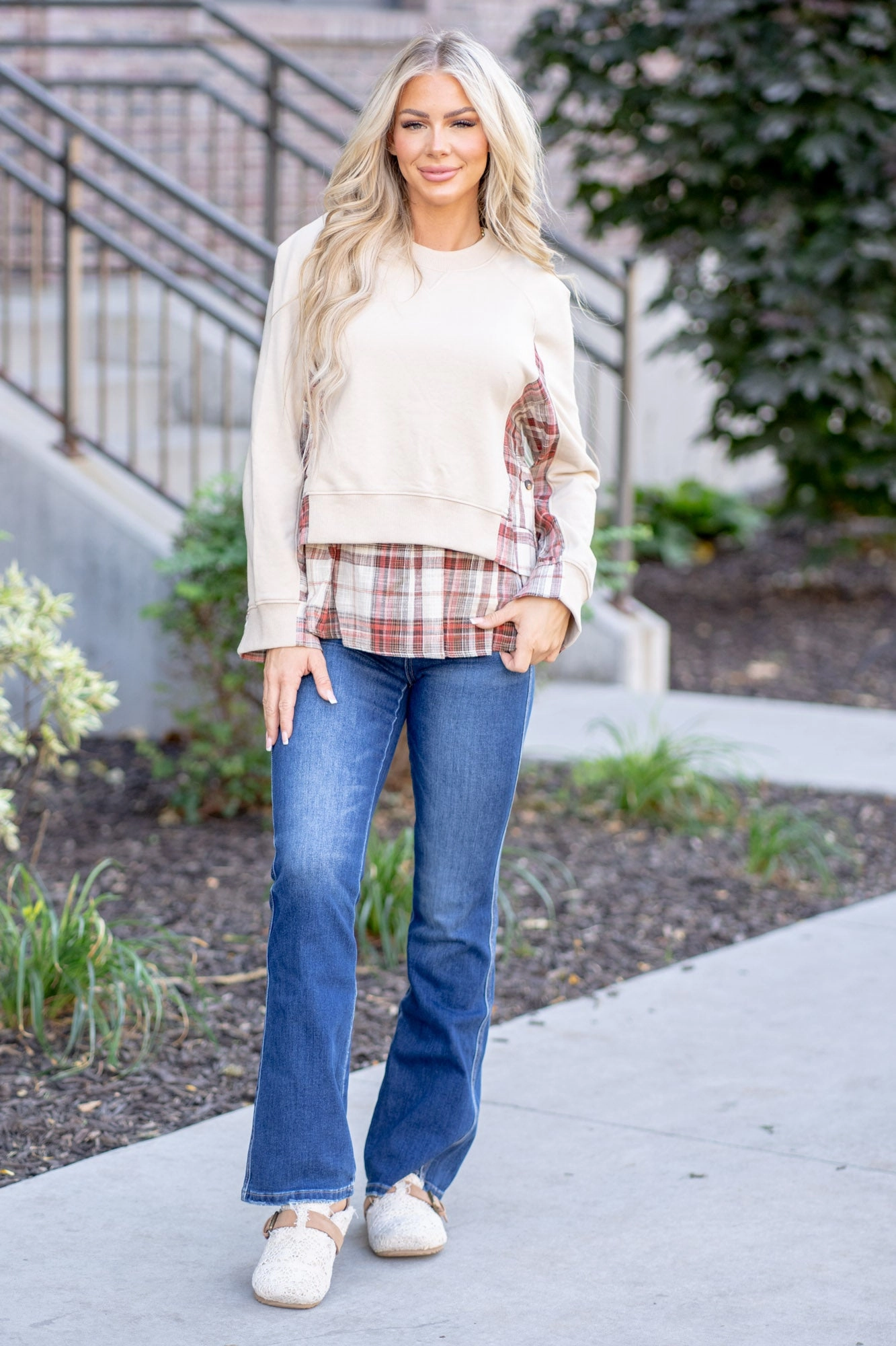 Double Layered Plaid Contrast Sweatshirt Regular & Plus Sizes Comfy Vibes Sport Performance