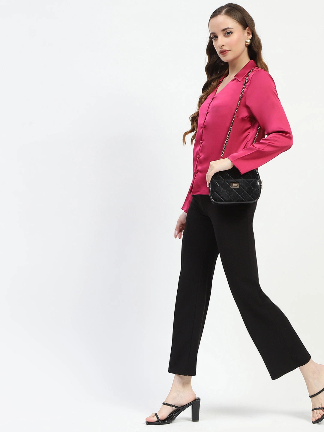 Sustainable production Madame Satin Bell Sleeve Collared Solid Fuschia Top