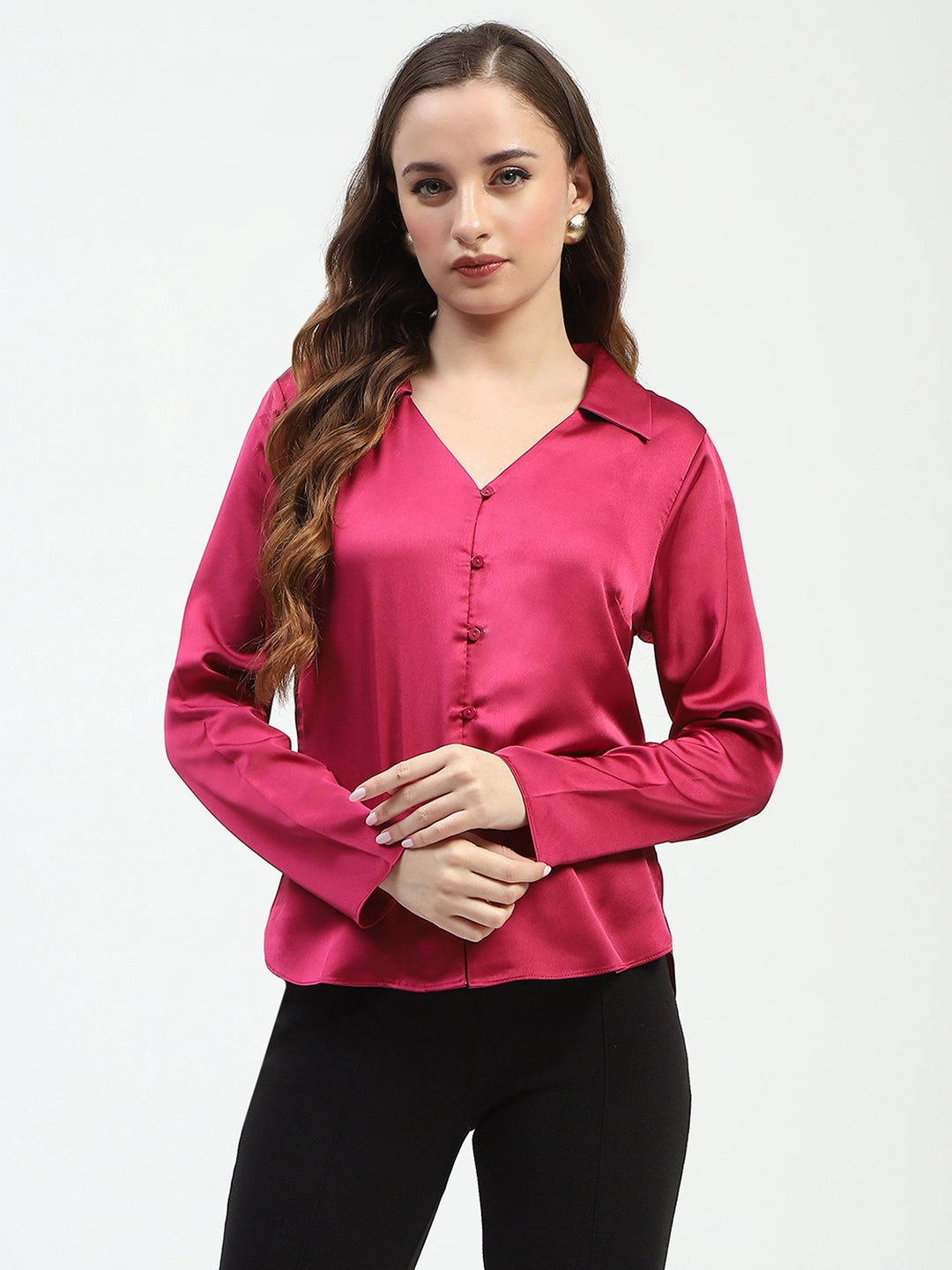 First Date shopping spree Madame Satin Bell Sleeve Collared Solid Fuschia Top