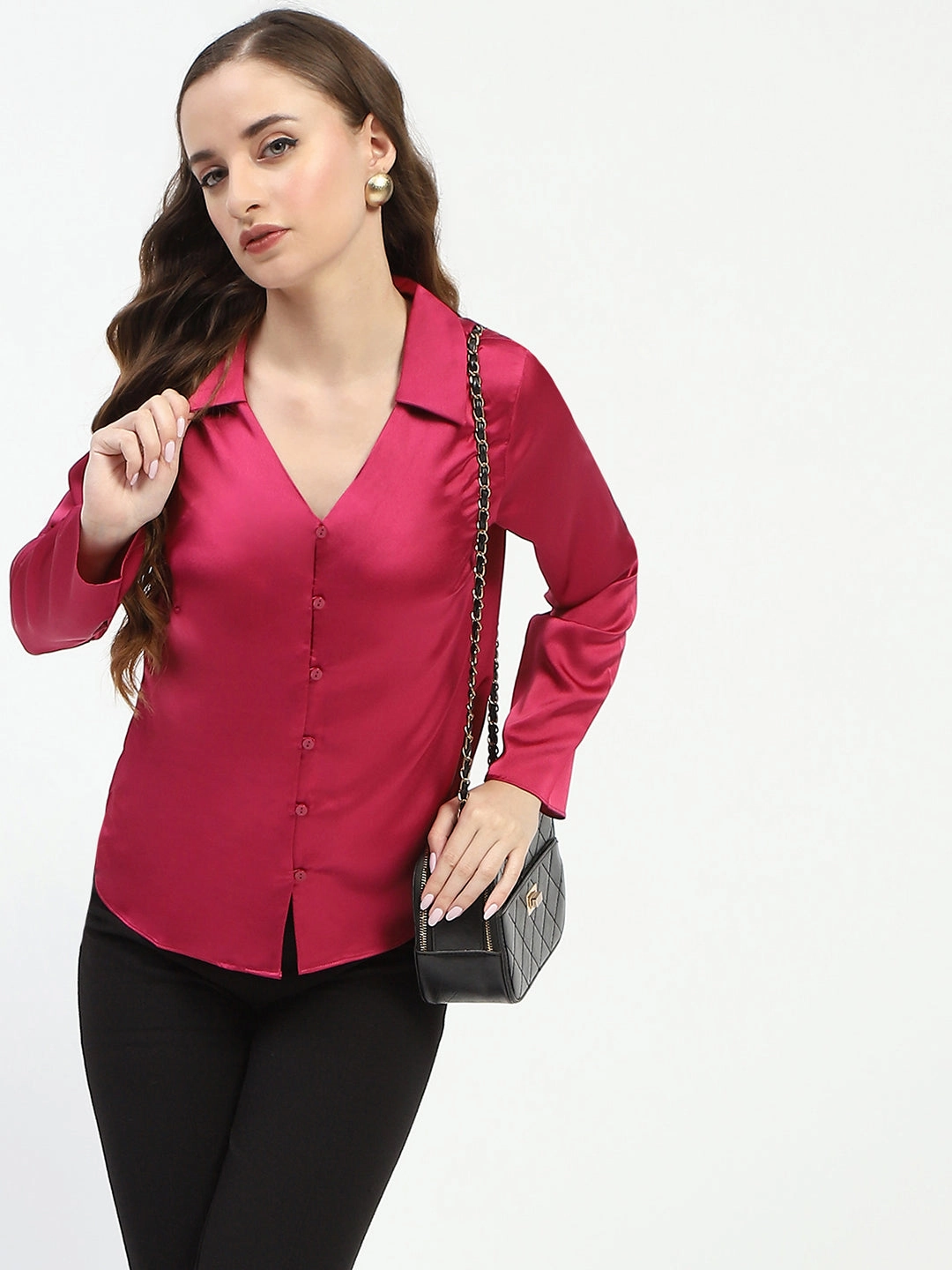 Madame Satin Bell Sleeve Collared Solid Fuschia Top Anti Pill Technology