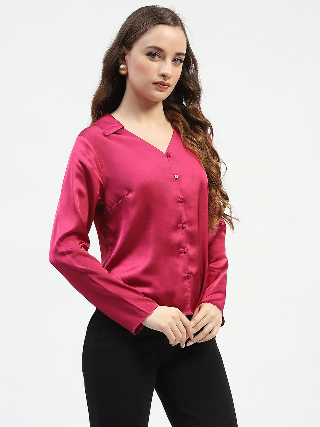 Slim Silhouette Comfy Wear Madame Satin Bell Sleeve Collared Solid Fuschia Top