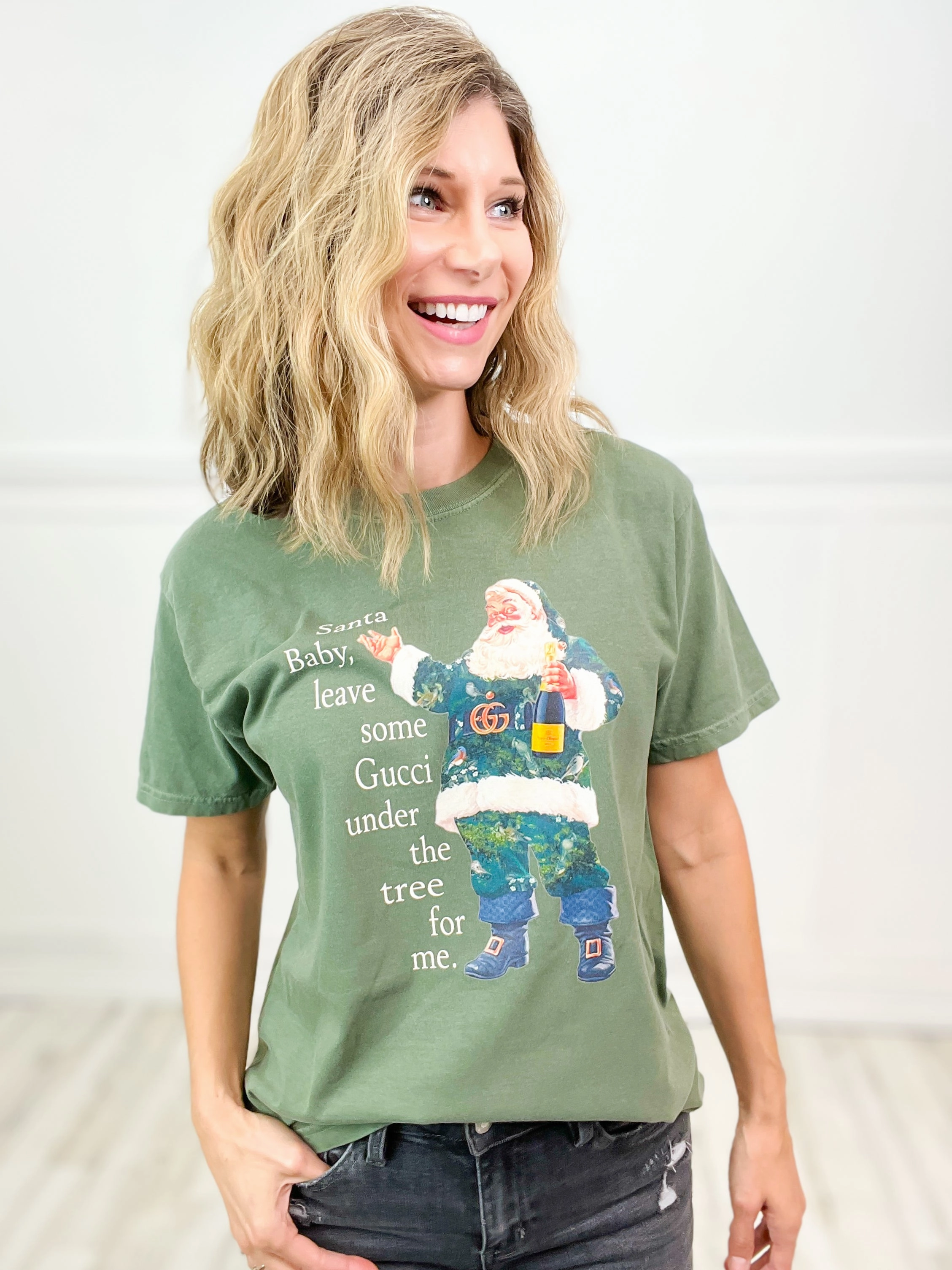 Santa Baby Leave Something Under The Tree Graphic Tee Flex Fit Shoulder Construction Light Deflection Fabric