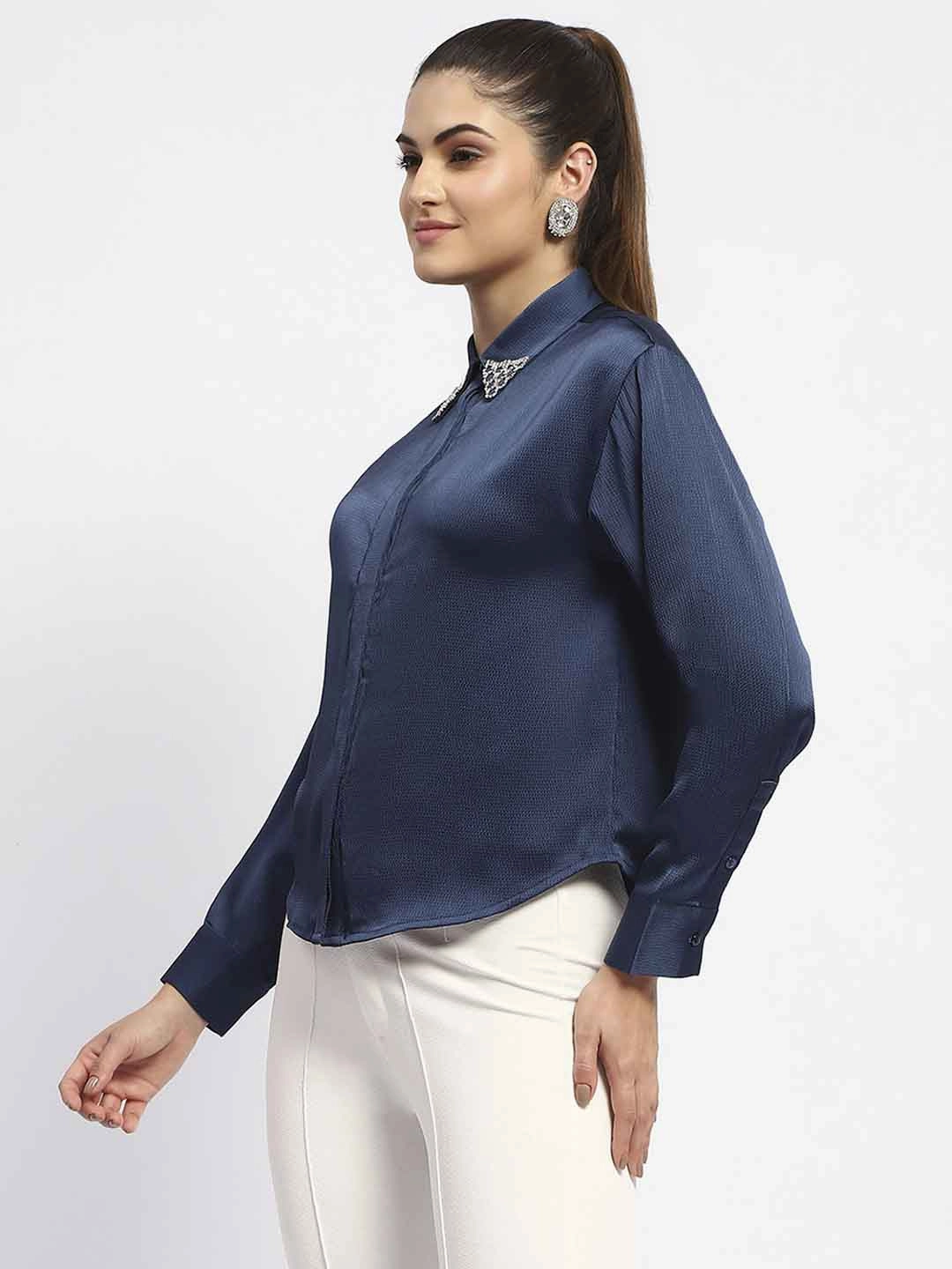 Madame Embellished Collar Cuff Sleeve Solid Teal Shirt Standalone Option