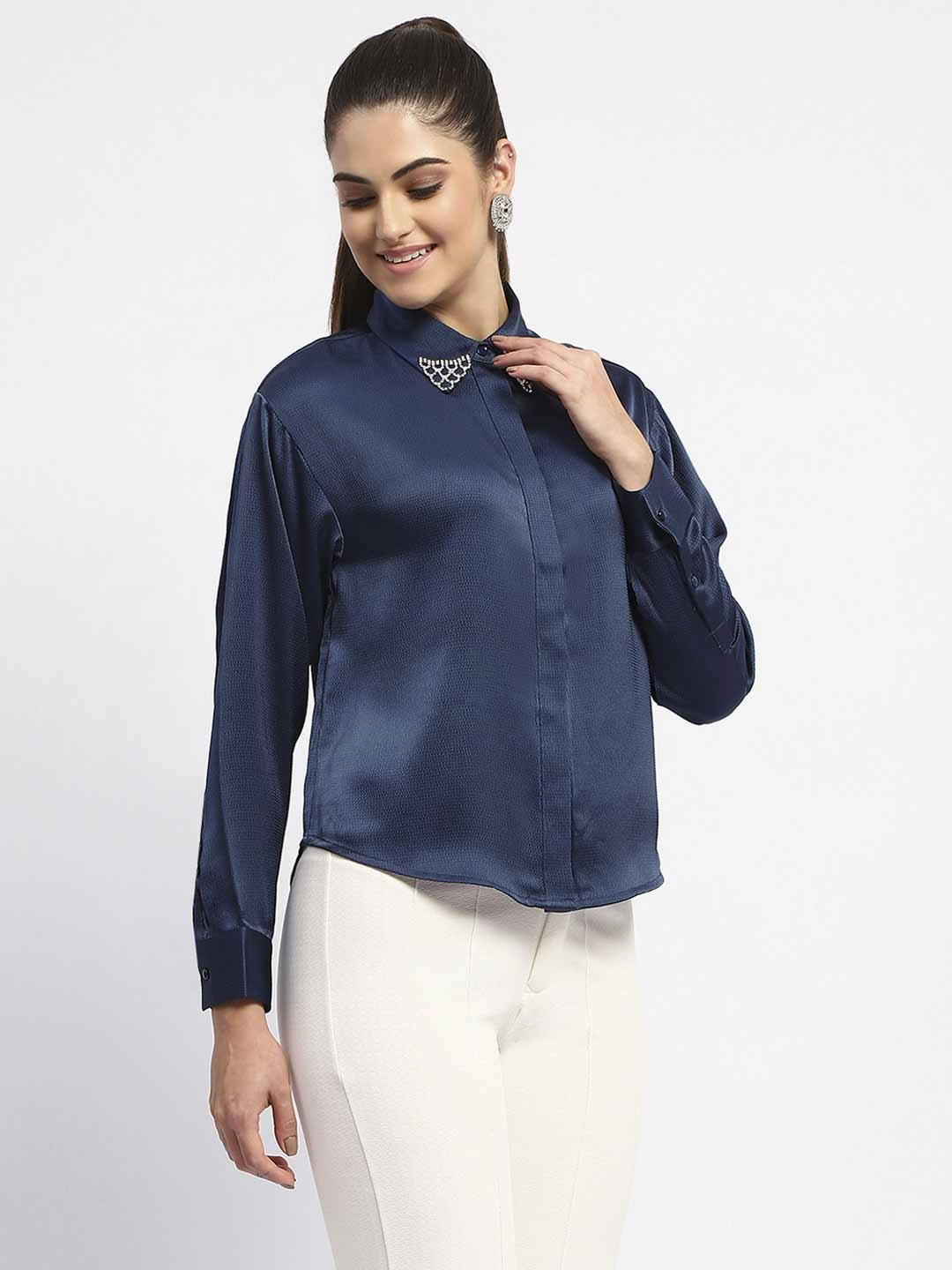 Beach Attire Madame Embellished Collar Cuff Sleeve Solid Teal Shirt