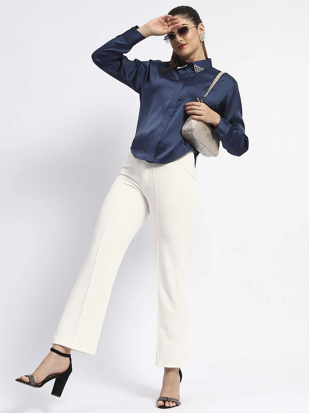 Madame Embellished Collar Cuff Sleeve Solid Teal Shirt Quick Dry Technology