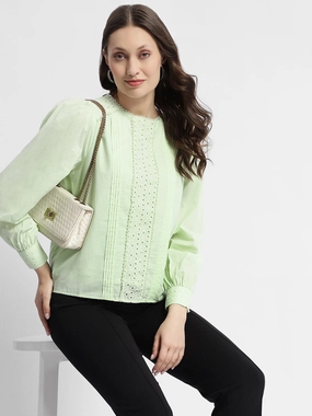 MultiFunctionalPockets Madame Schiffli Adorned Puff Sleeve Mint Green Top