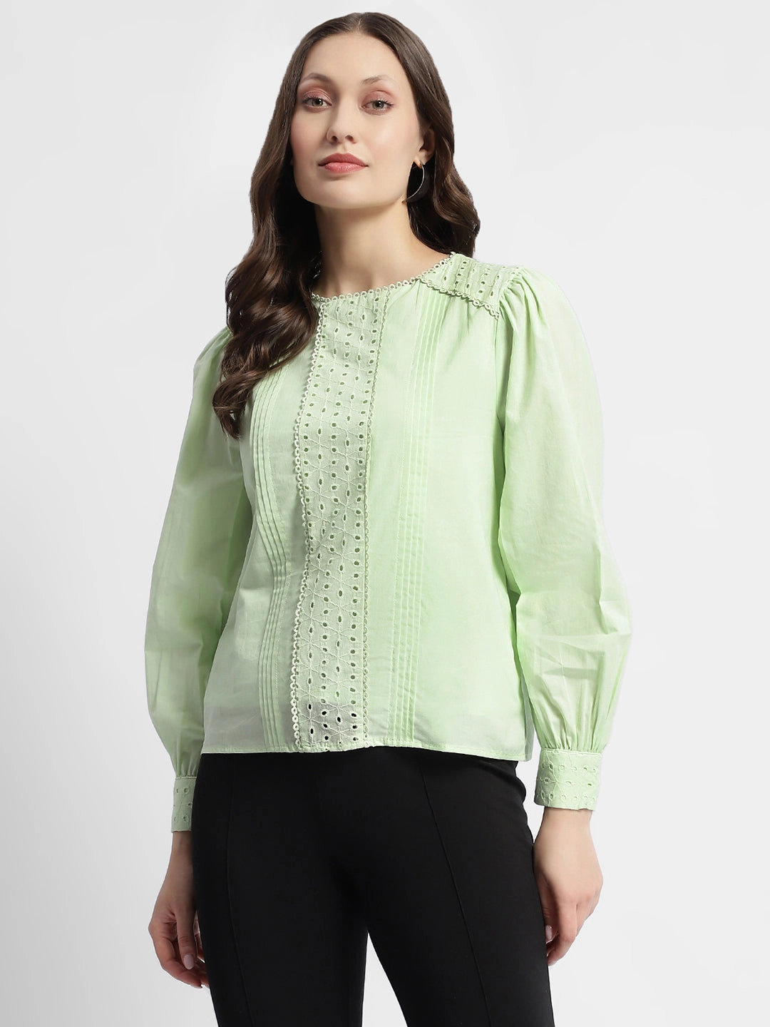 Madame Schiffli Adorned Puff Sleeve Mint Green Top Tactile Soft Texture