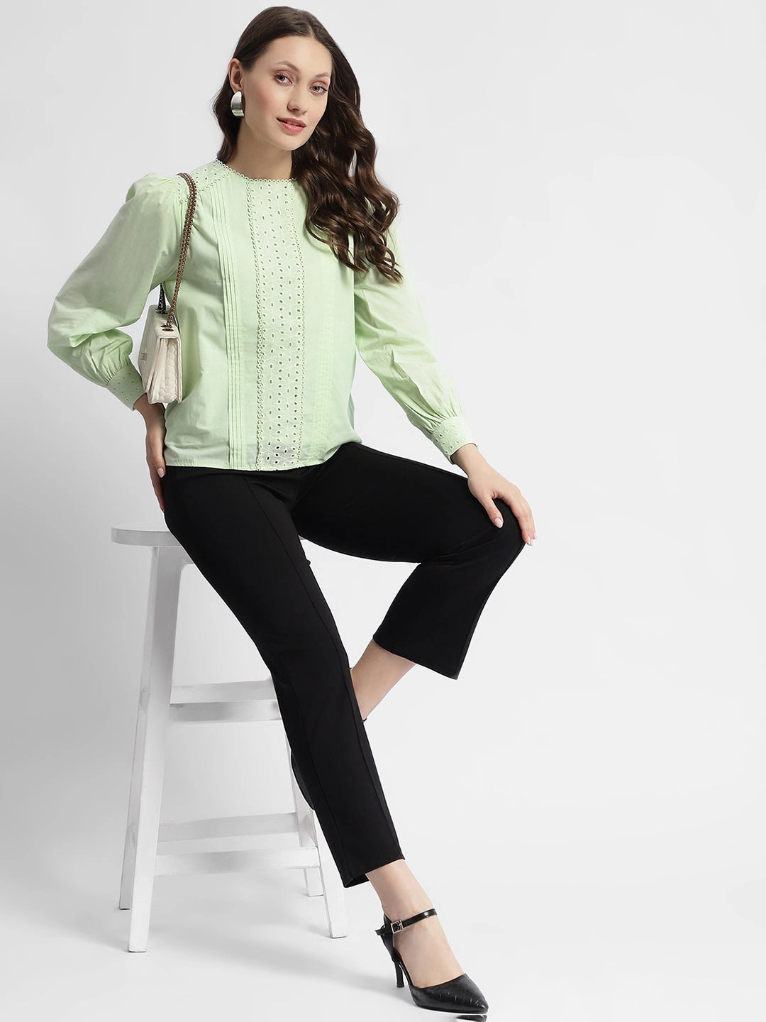 Tear Resistant Reinforcement NonChafingTrim Madame Schiffli Adorned Puff Sleeve Mint Green Top