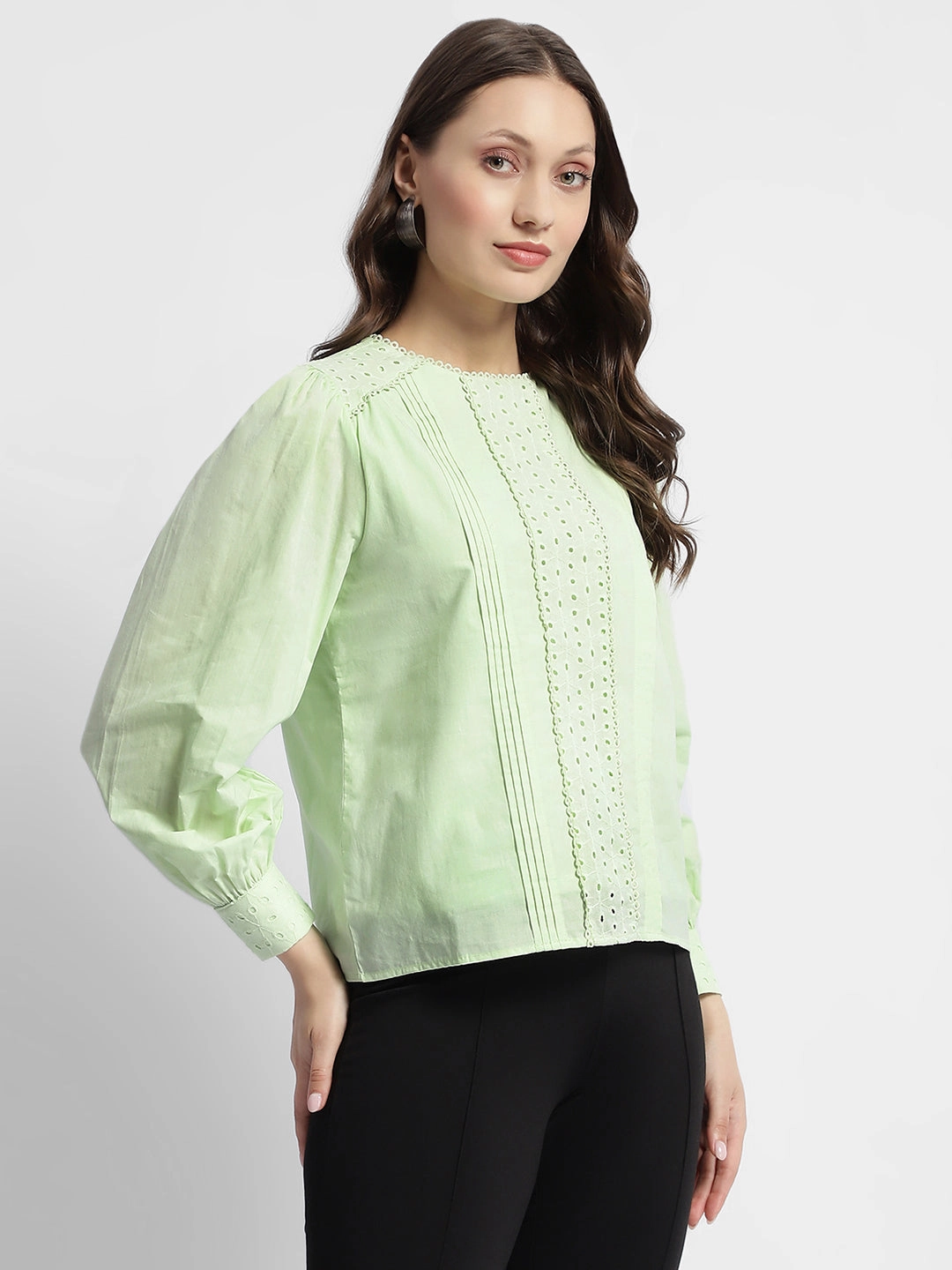 Stylish Look AllDay Comfort Design Madame Schiffli Adorned Puff Sleeve Mint Green Top