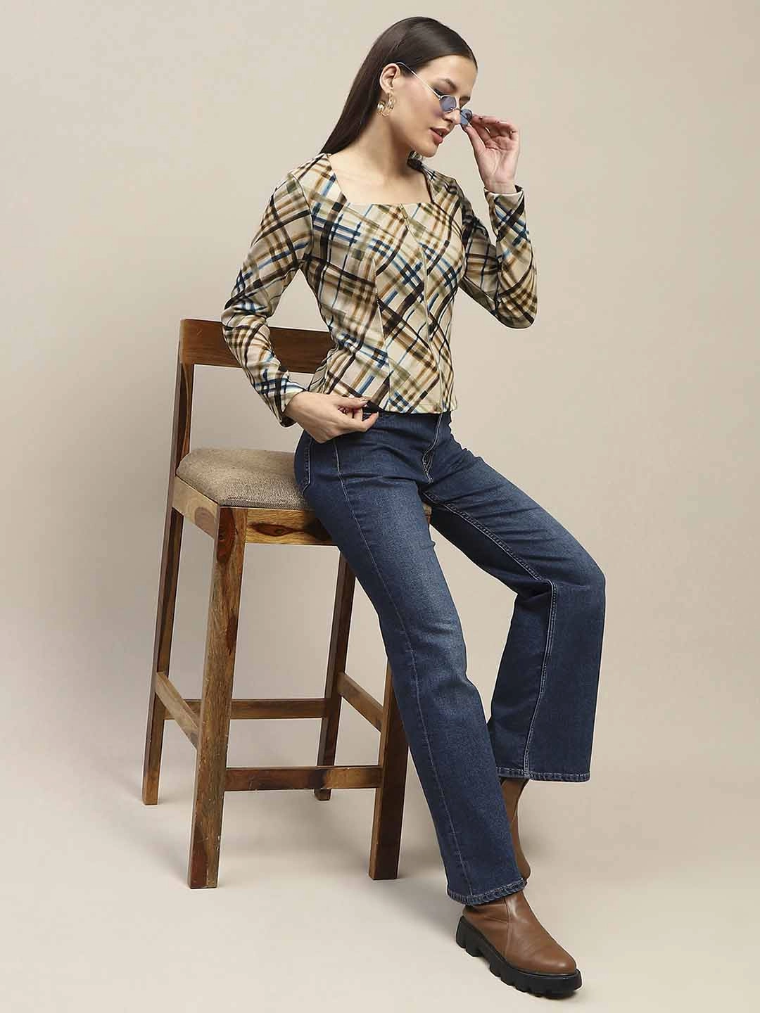 Wind Resistant Fabric Madame Square Neck Front Zip All Over Print Corduroy Beige Top