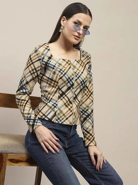 ButtonFront Madame Square Neck Front Zip All Over Print Corduroy Beige Top