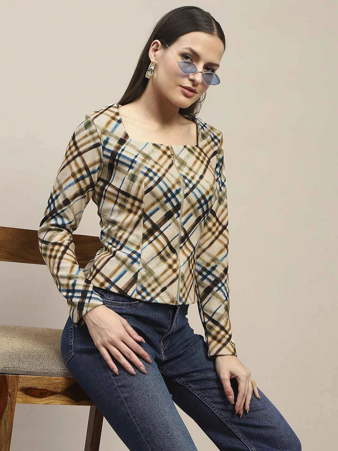 ButtonFront Madame Square Neck Front Zip All Over Print Corduroy Beige Top