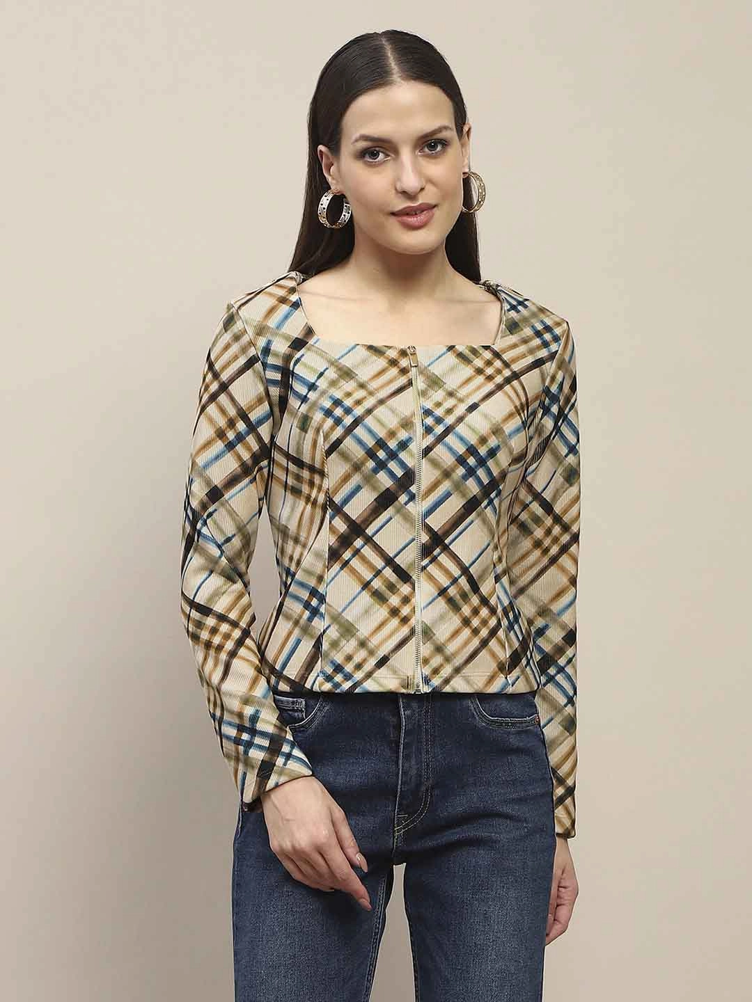 Madame Square Neck Front Zip All Over Print Corduroy Beige Top YarnDyedQuality Stretchable Knit