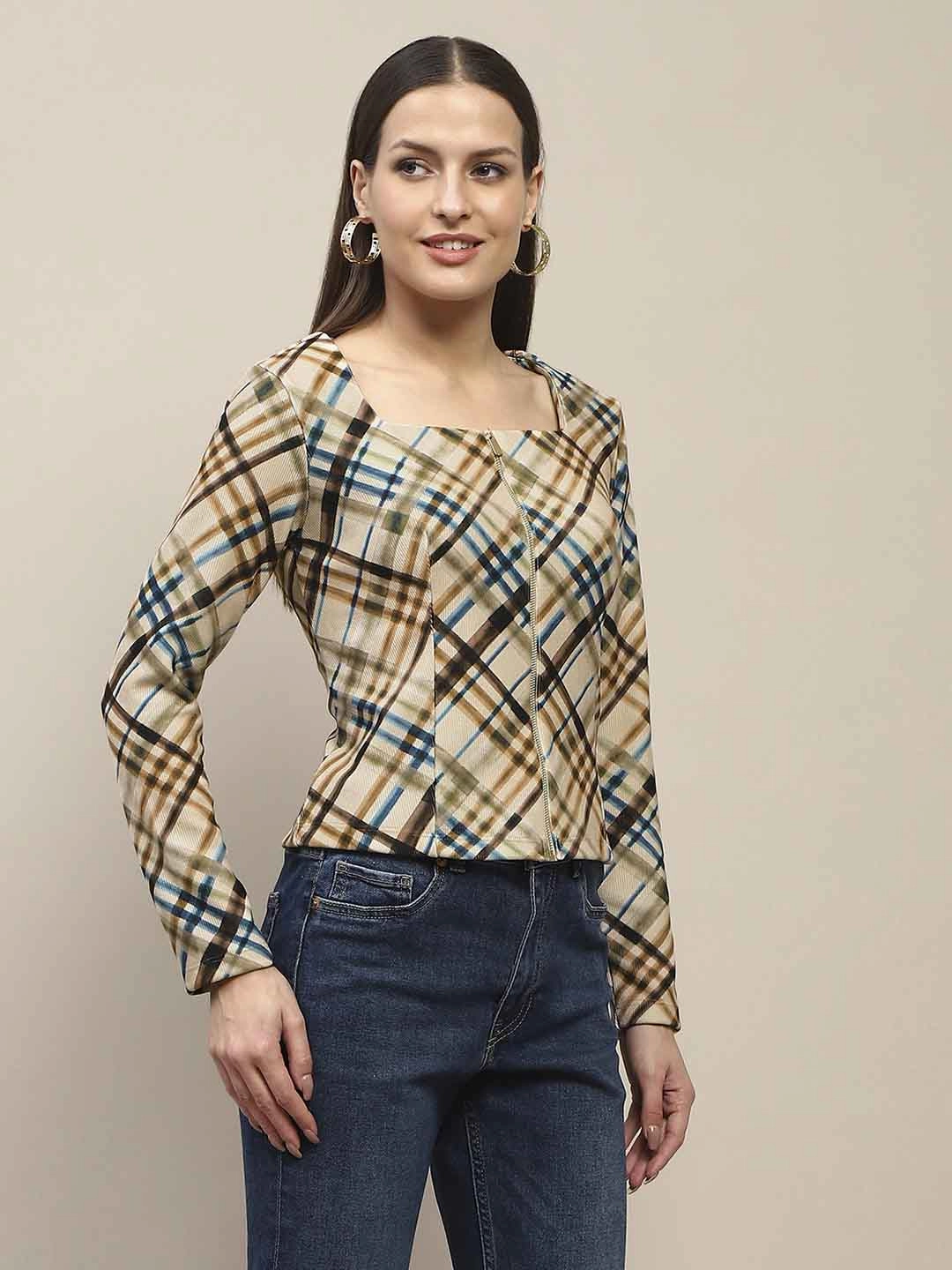 Lightweight Blouse Madame Square Neck Front Zip All Over Print Corduroy Beige Top