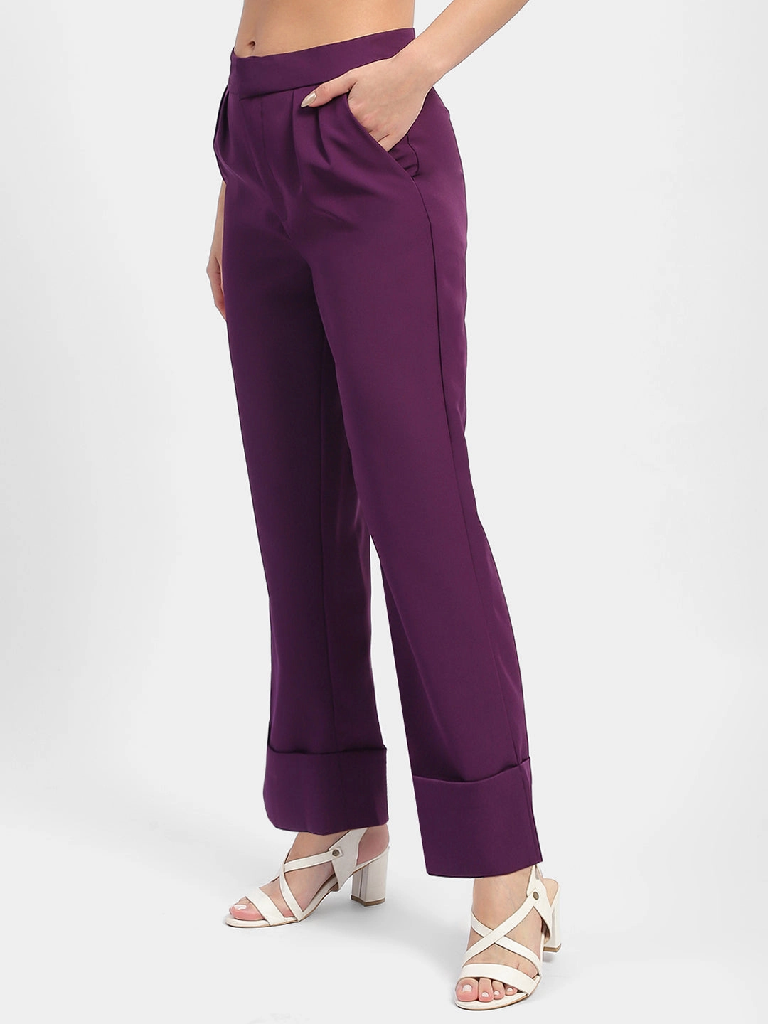 Madame Front Pleated Purple Rolled Hem Trousers Flat Lock Seams Comfortable Fashion