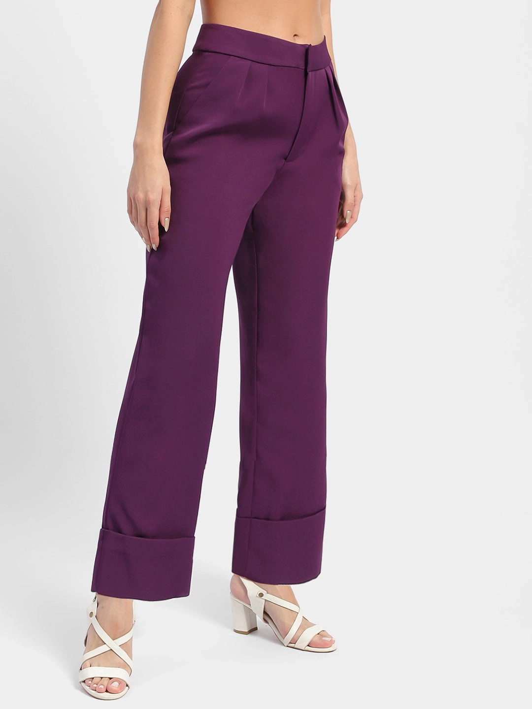 Madame Front Pleated Purple Rolled Hem Trousers Noise Reduciting Fabric Seamless Technology