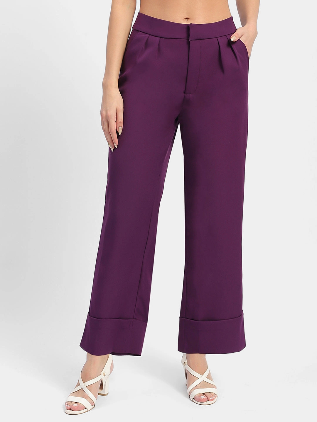 Madame Front Pleated Purple Rolled Hem Trousers Durable Activewear