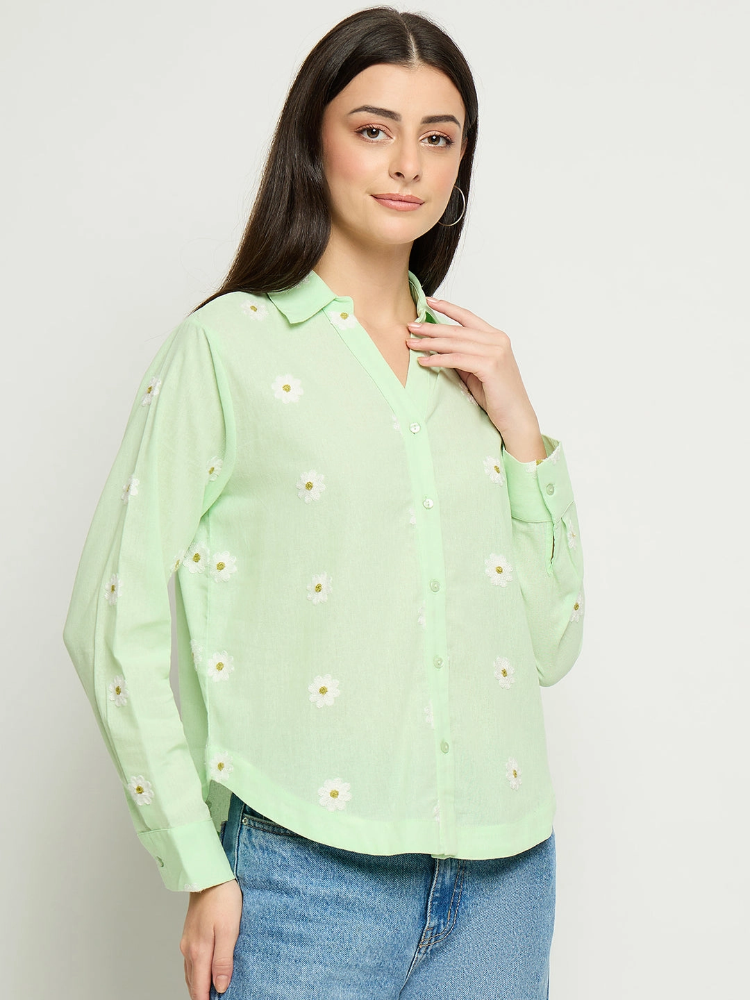 Madame Floral Embroidery Green Cotton Shirt Plus Size