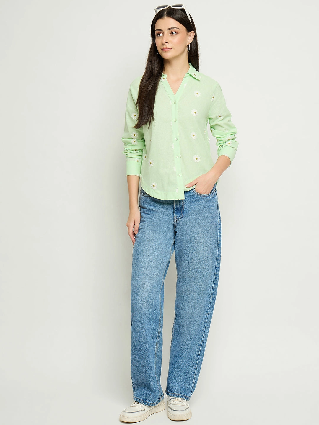 Madame Floral Embroidery Green Cotton Shirt Geometric Pattern Business casual