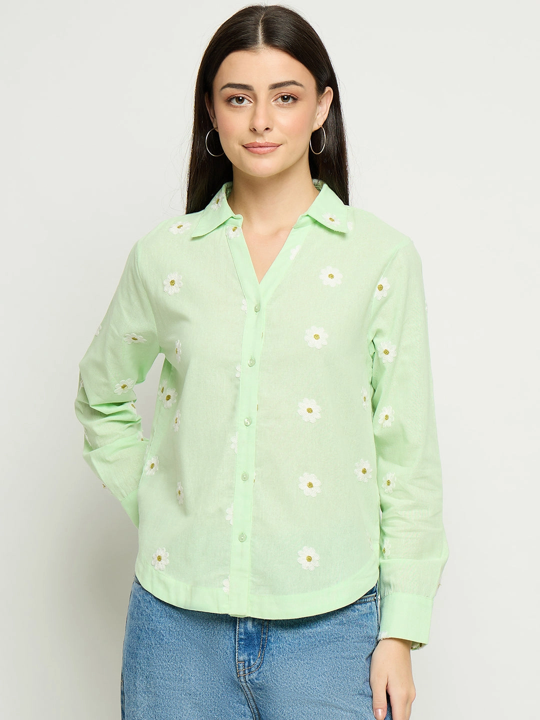 Simple Fit Spring Collection Madame Floral Embroidery Green Cotton Shirt