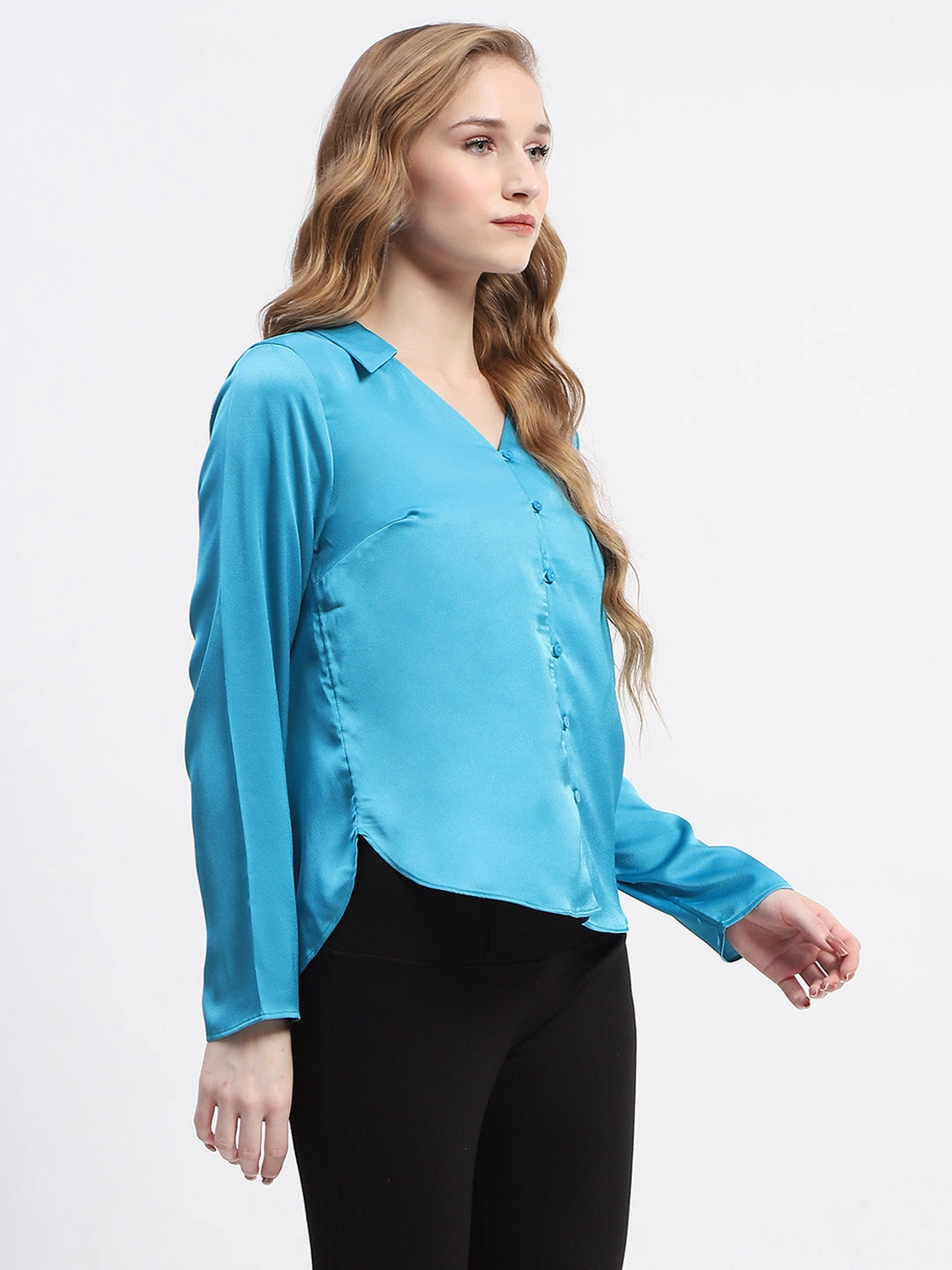 Madame Satin Bell Sleeve Collared Solid Blue Top hypoallergenic material