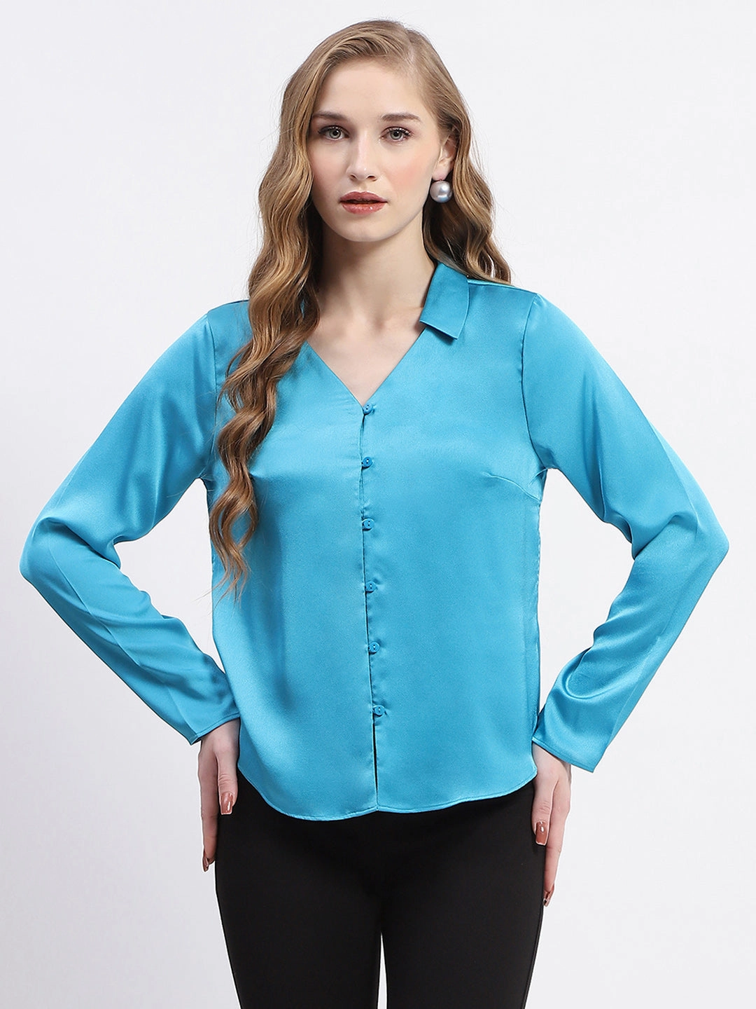 Madame Satin Bell Sleeve Collared Solid Blue Top Fashion Choice Subtle design