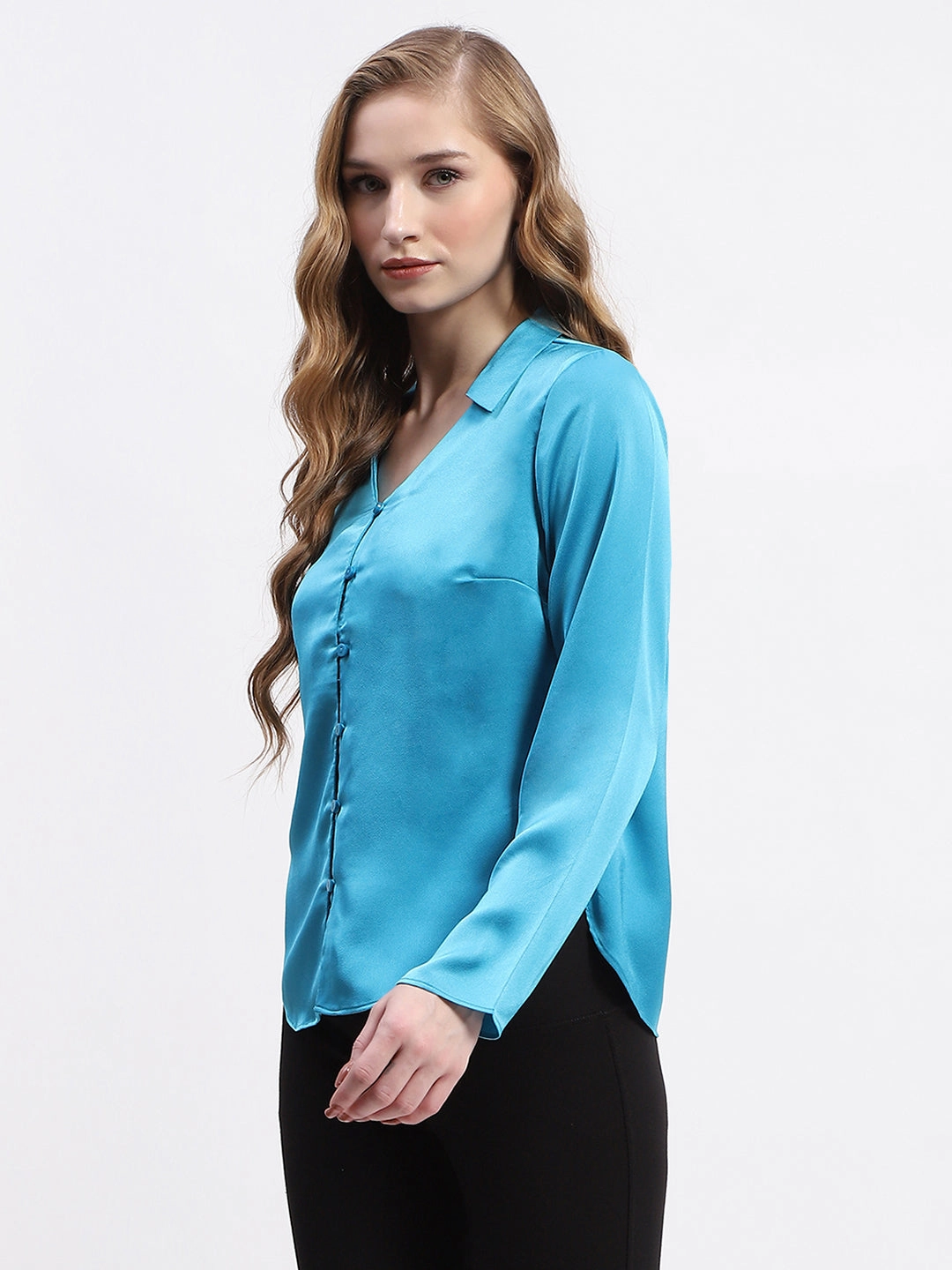 First Date Madame Satin Bell Sleeve Collared Solid Blue Top
