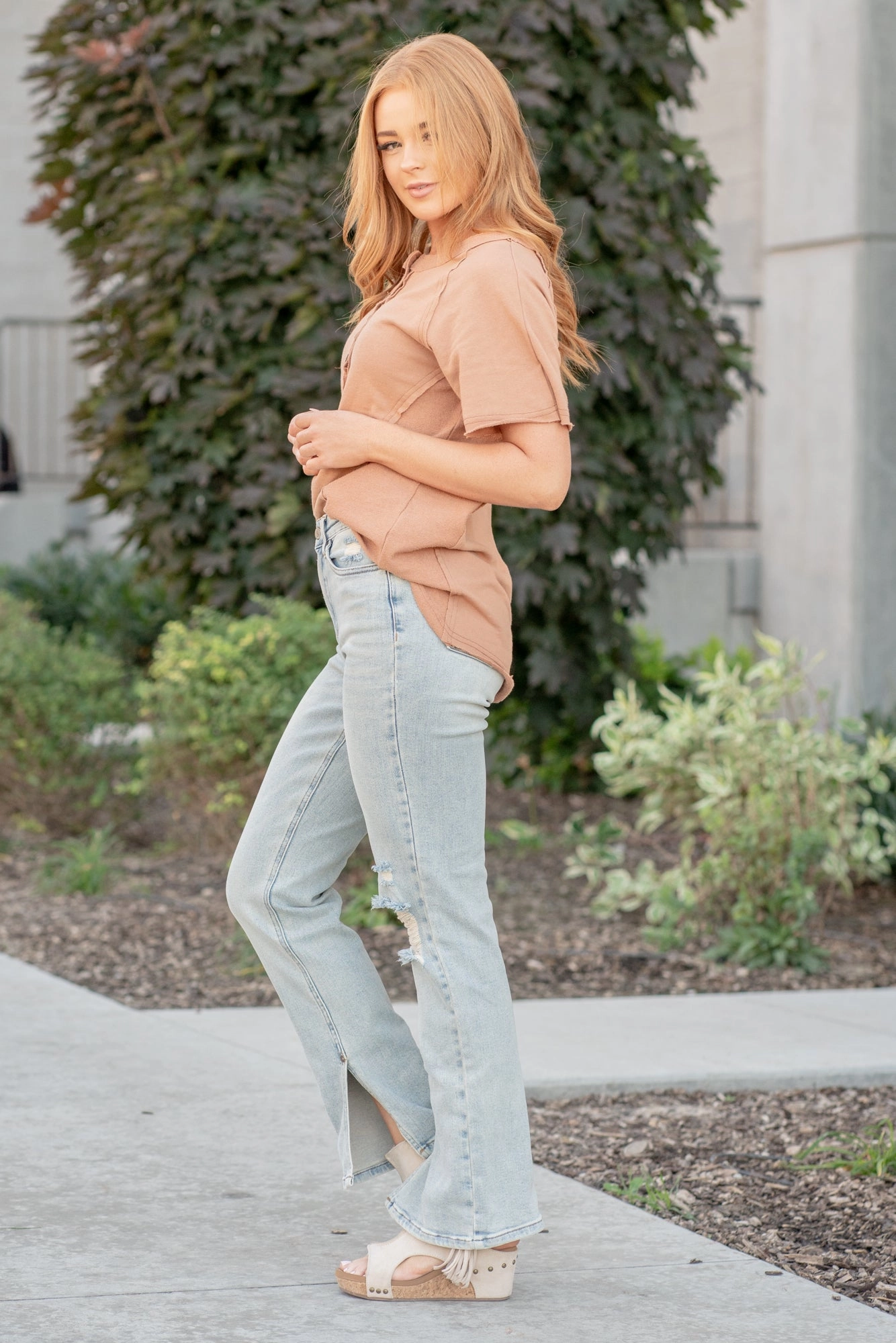 Breathable fabric Go-to Wear Adrian High Rise Slit Hem Straight Leg