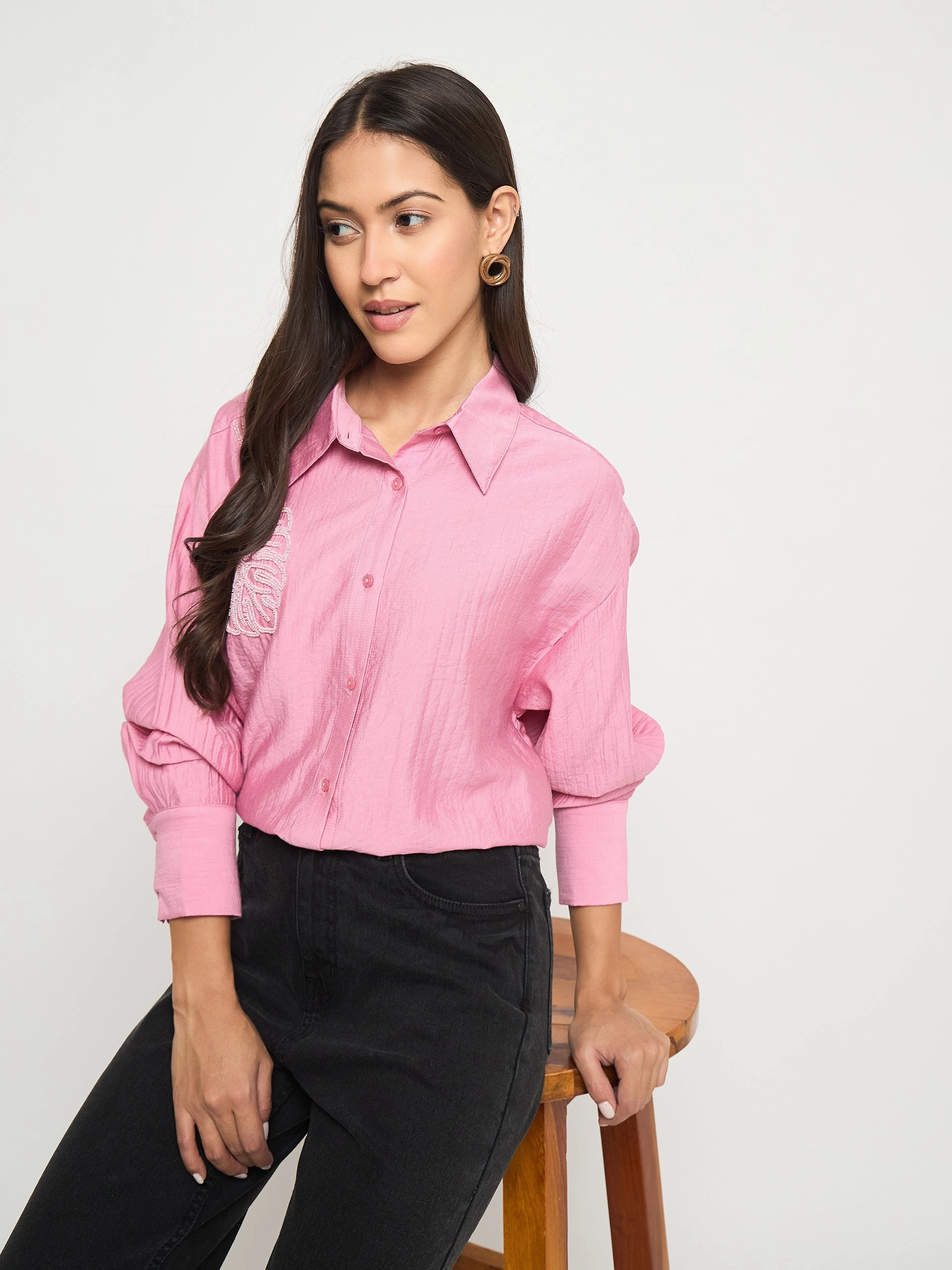 Beach Attire Madame Textured Botanical Embellishment Dusty Pink Shirt