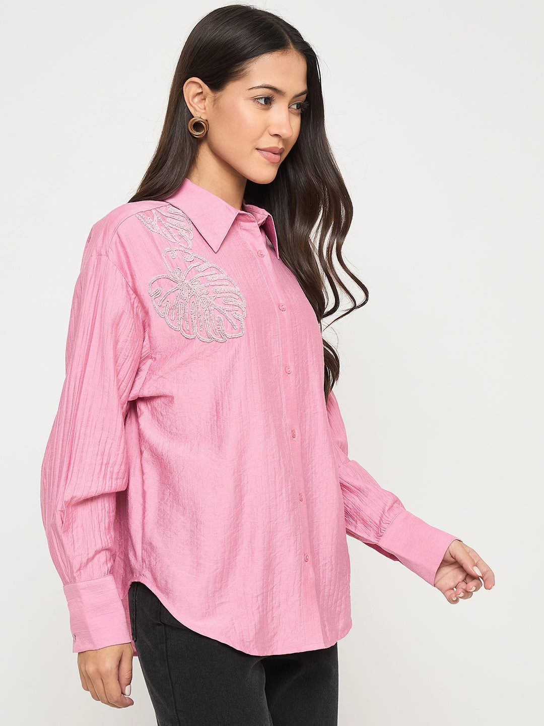 Madame Textured Botanical Embellishment Dusty Pink Shirt Relaxed Wear