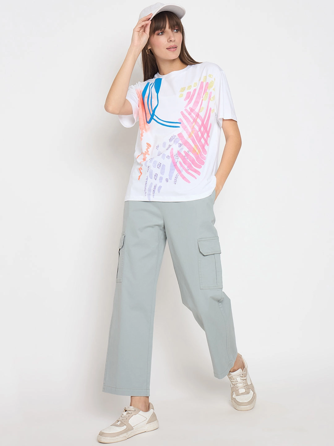 Madame Handwork Detail with Graphic Print White T-shirt Self Fabric Tie Closure