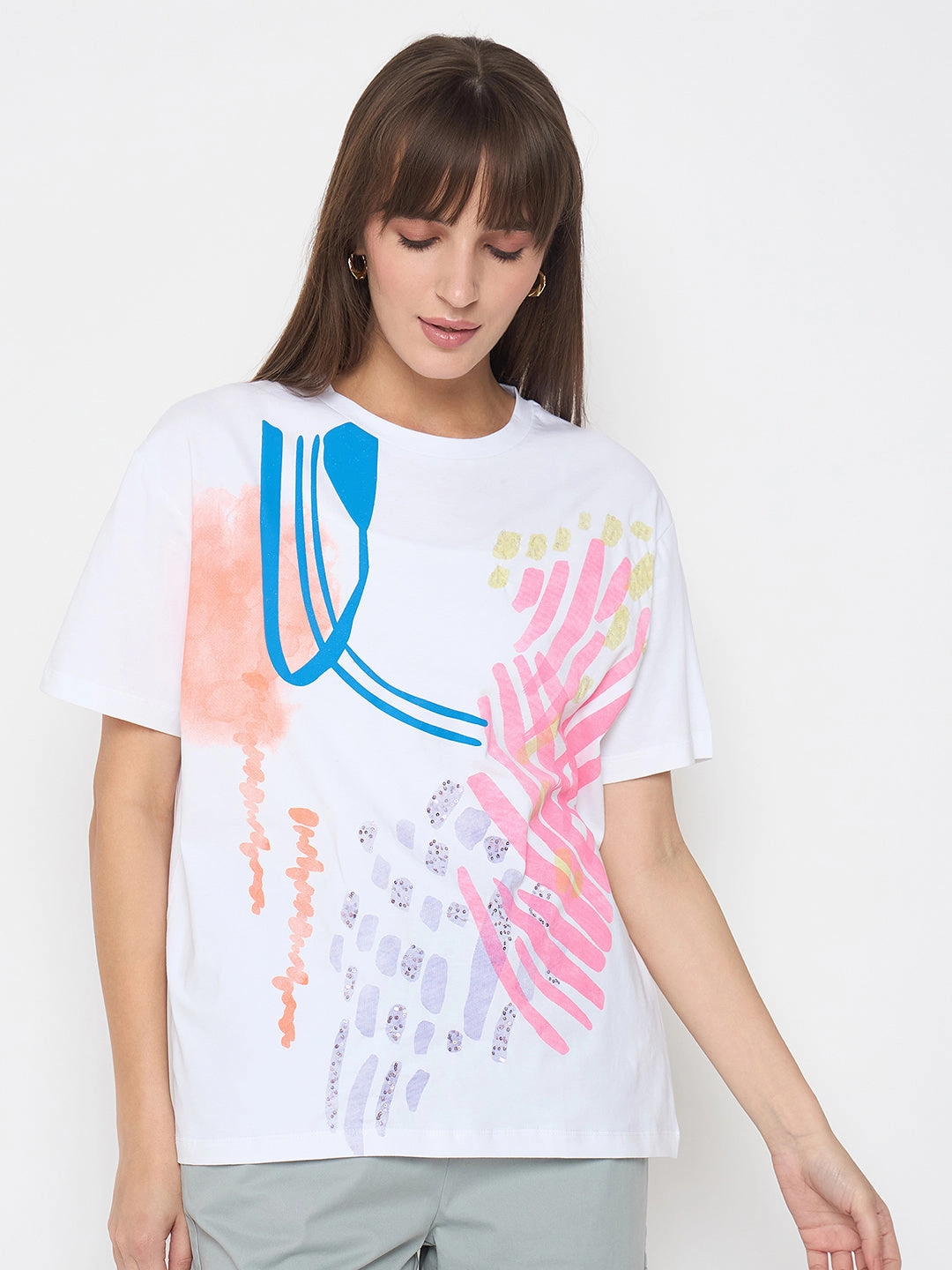 Madame Handwork Detail with Graphic Print White T-shirt AntiSnag Fabric