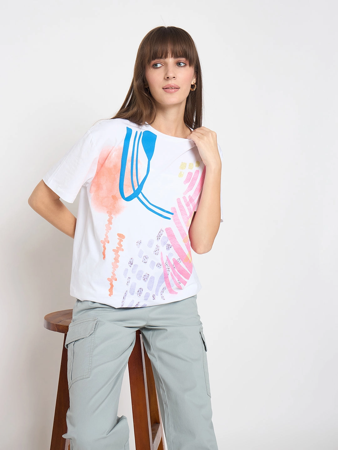 Madame Handwork Detail with Graphic Print White T-shirt EasyCareFabric