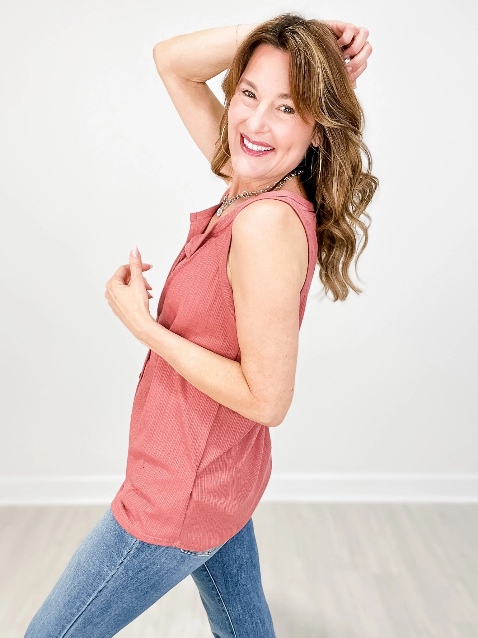 Solid Ribbed Rank Top with Button Front Casual Jacket Reflective Accent Trim