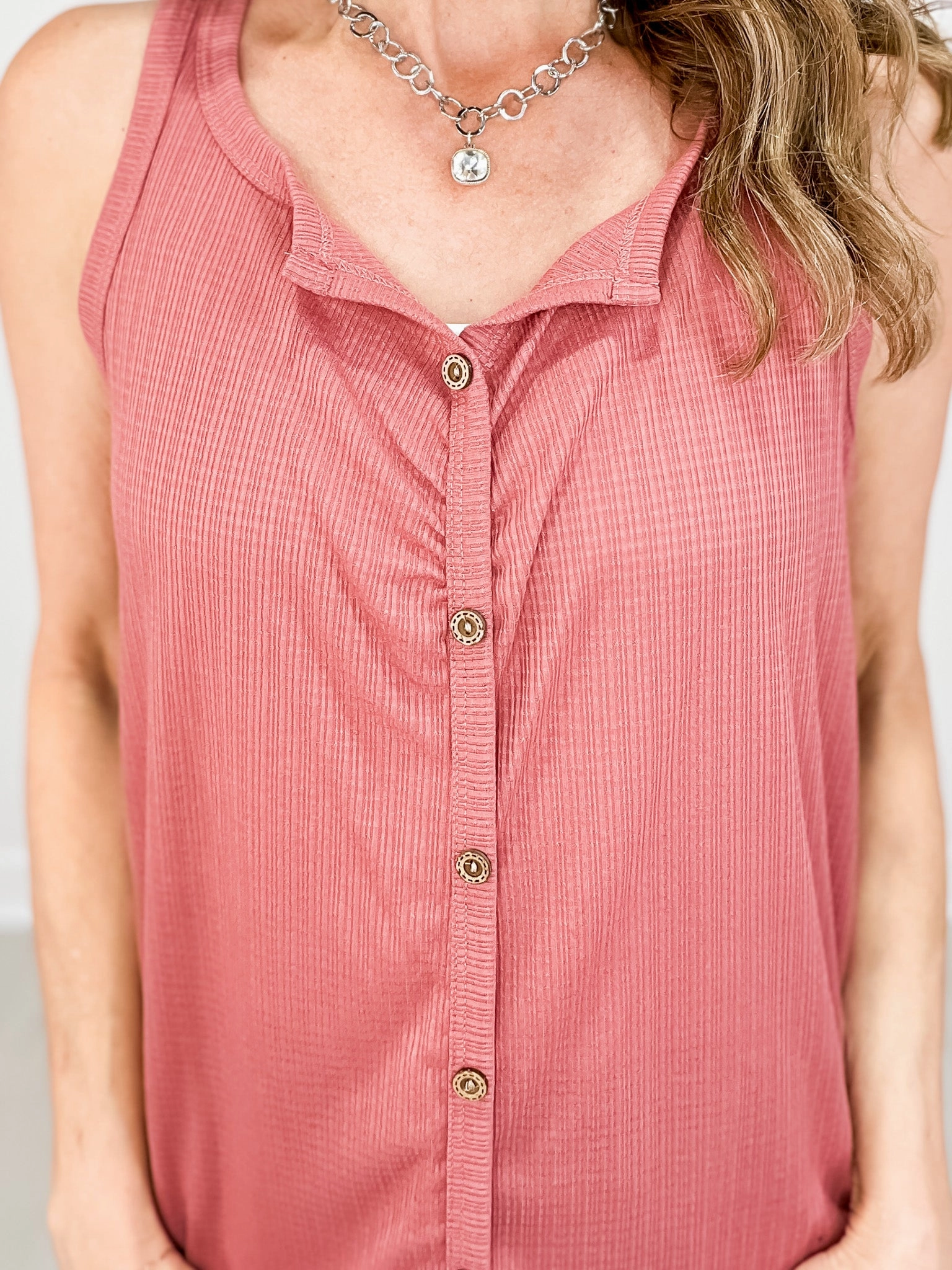 Elasticated Hem Solid Ribbed Rank Top with Button Front
