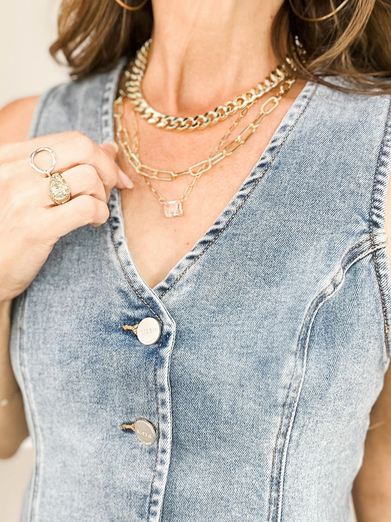 Risen V-Neck Denim Sleeveless Button Down Vest MoistureWicking Material