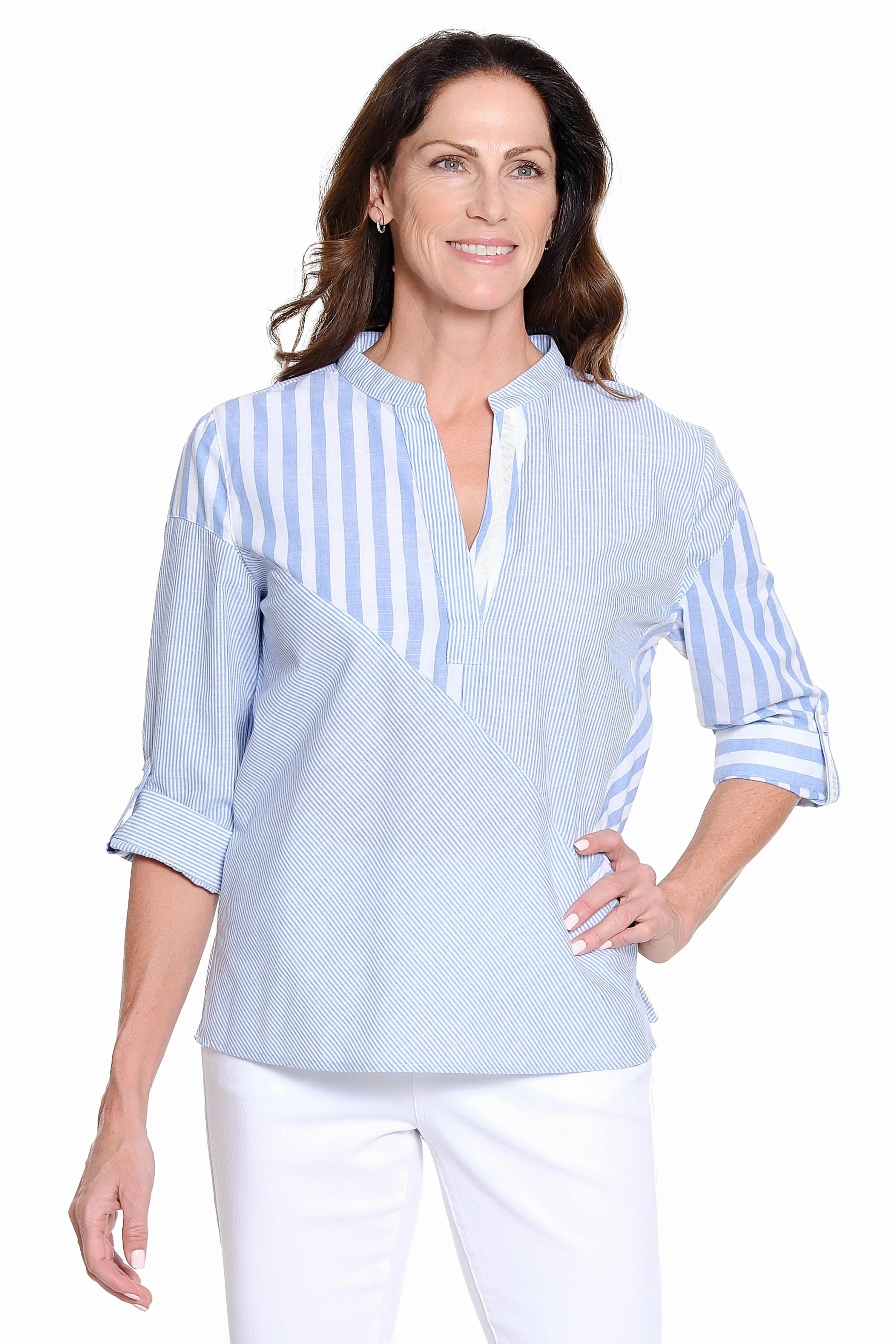 Mixed Stripe Popover Top - Blue Stripe MinimalistStyle Thermal Regulating Design