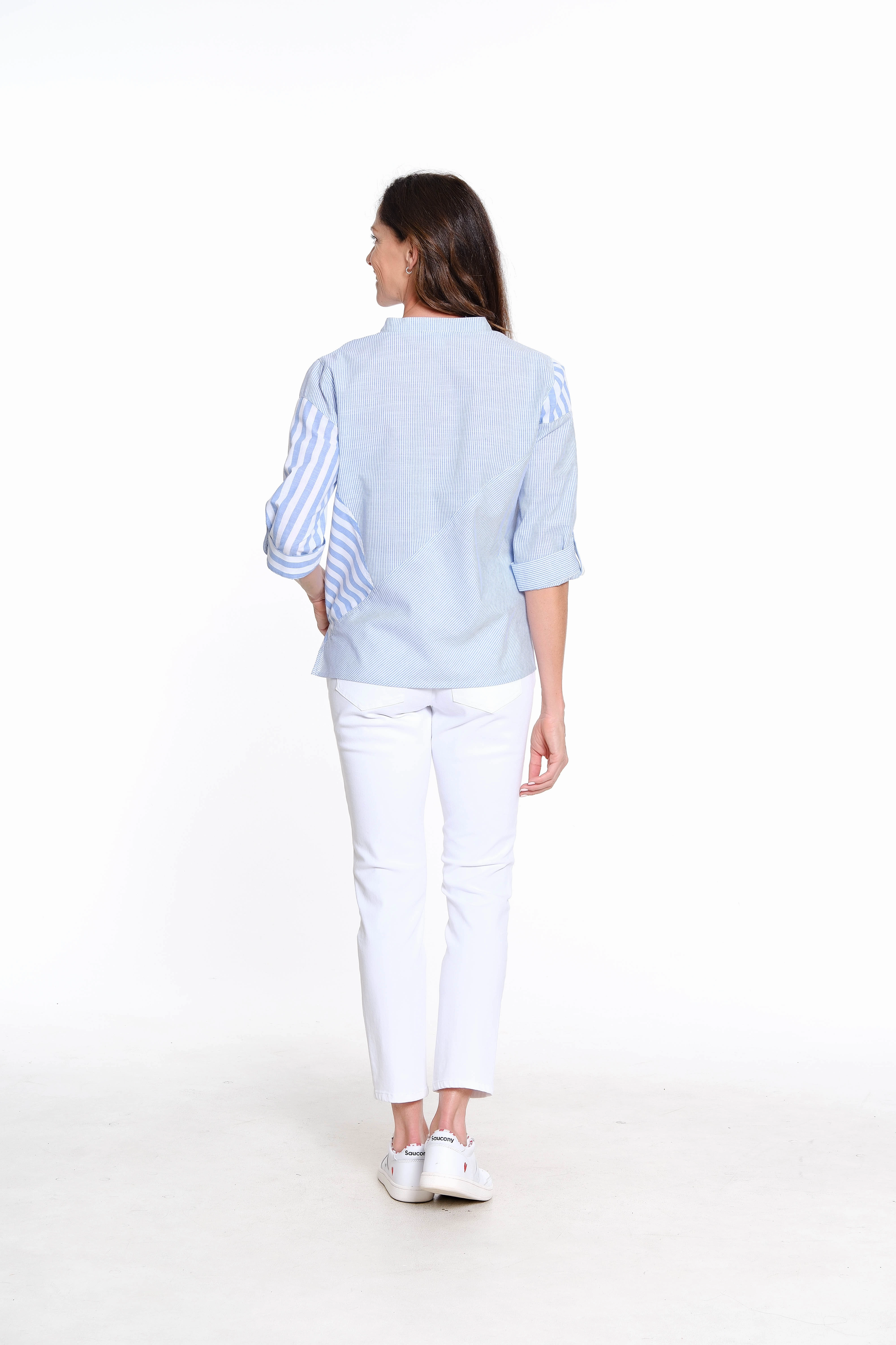 Mixed Stripe Popover Top - Blue Stripe Trendy Shirt