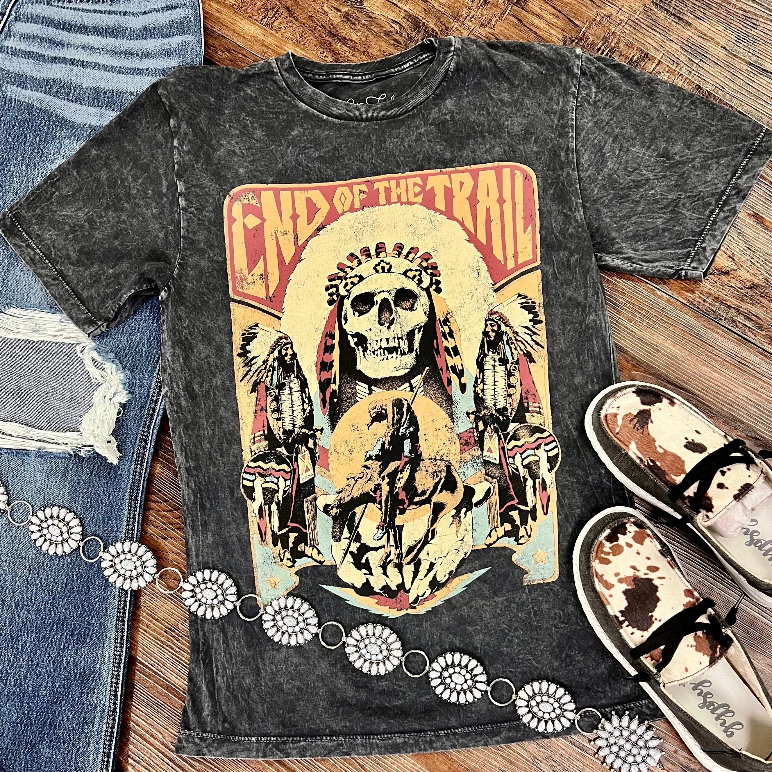 Easy to Wear Black Mineral Washed End Of The Trail Hand Drawn Graphic Tee