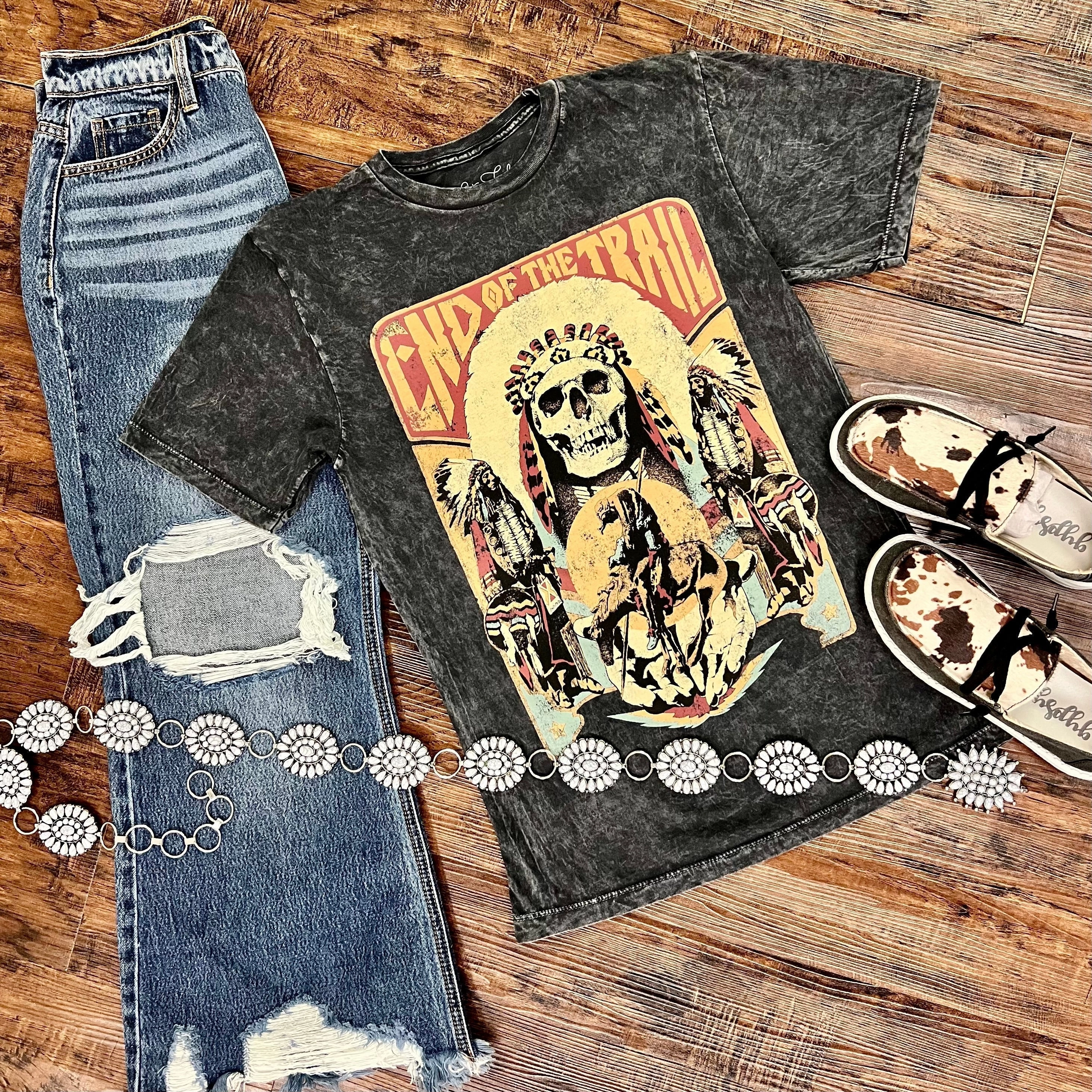 Black Mineral Washed End Of The Trail Hand Drawn Graphic Tee Tailored Seams